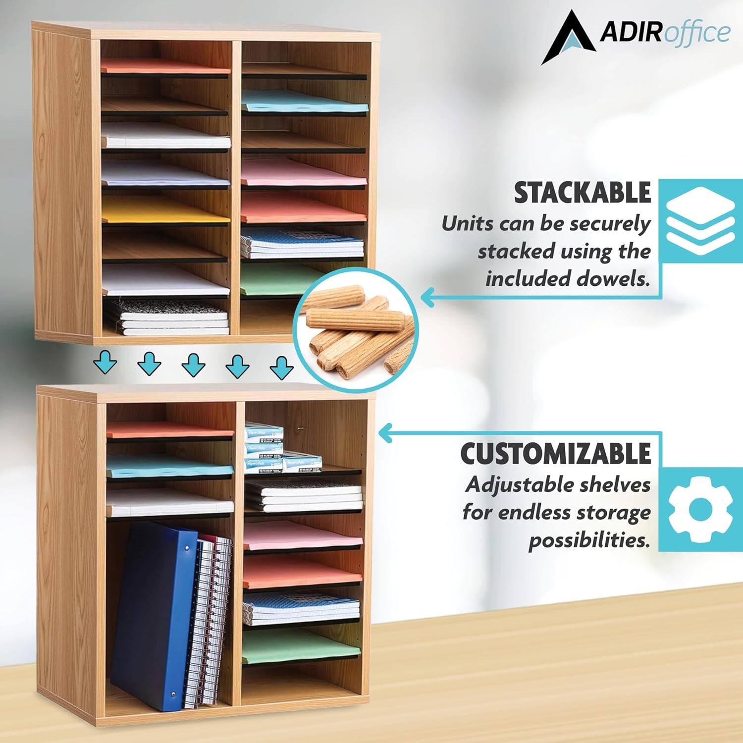 ADIR office STACKABLE Units can be securely stacked using the included dowels. CUSTOMIZABLE Adjustable shelves for endless storage possibilities.