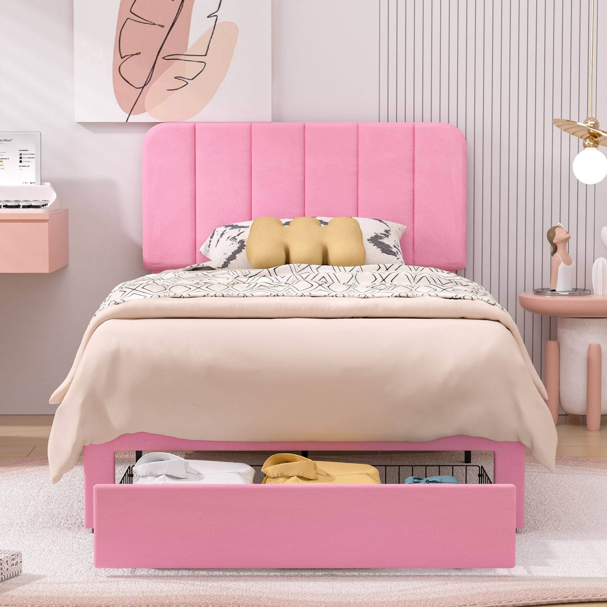Left. Vecelo - Twin Size Storage Bed Frame with Drawers - Velvet Upholstered, Adjustable Headboard, 800lb Capacity, Noise Free - Pink.