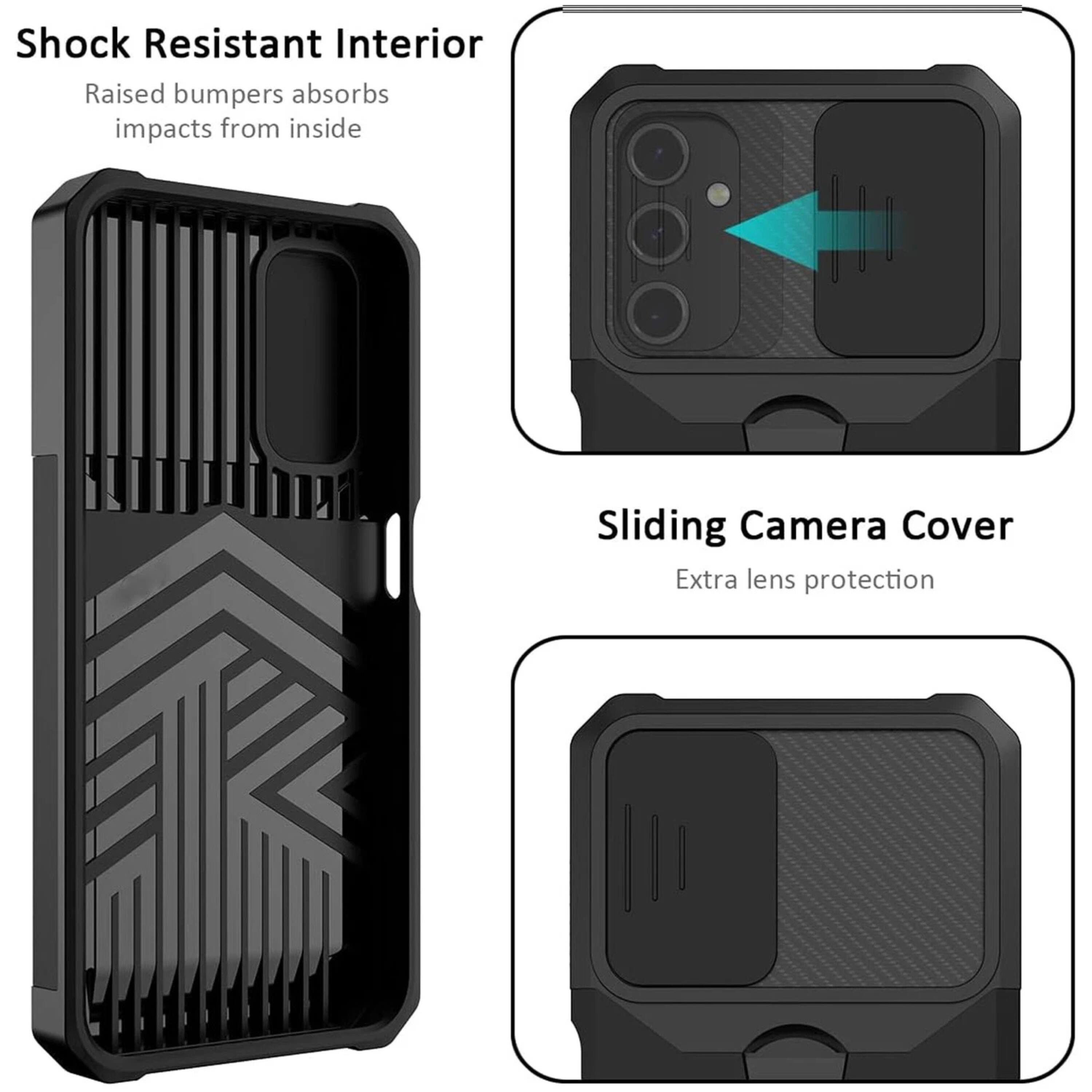 Shock Resistant Interior  
Raised bumpers absorbs impacts from inside  

Sliding Camera Cover  
Extra lens protection