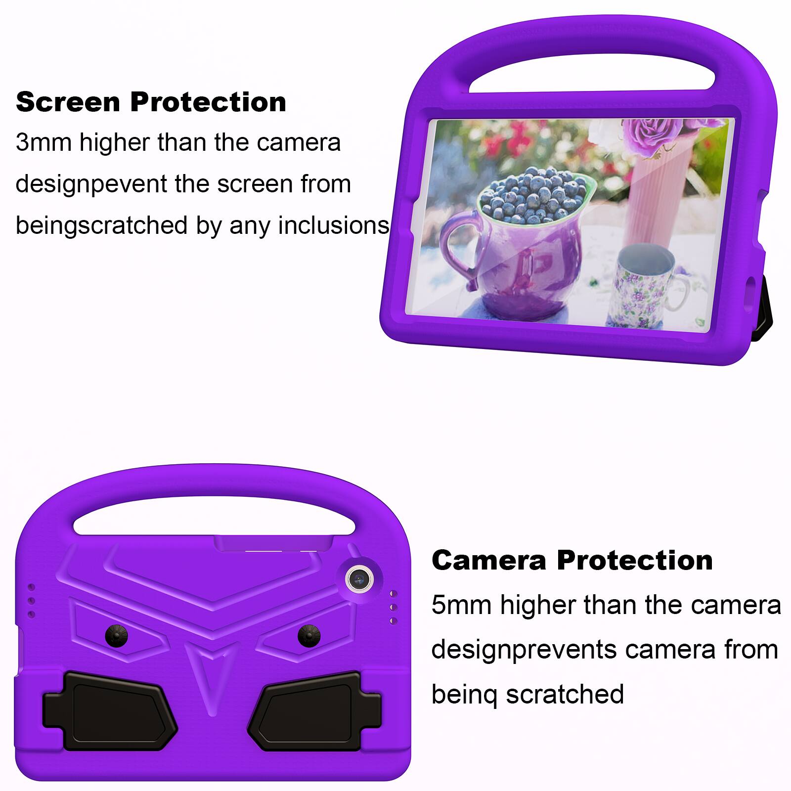 Screen Protection  
3mm higher than the camera design prevents the screen from being scratched by any inclusions  

Camera Protection  
5mm higher than the camera design prevents the camera from being scratched