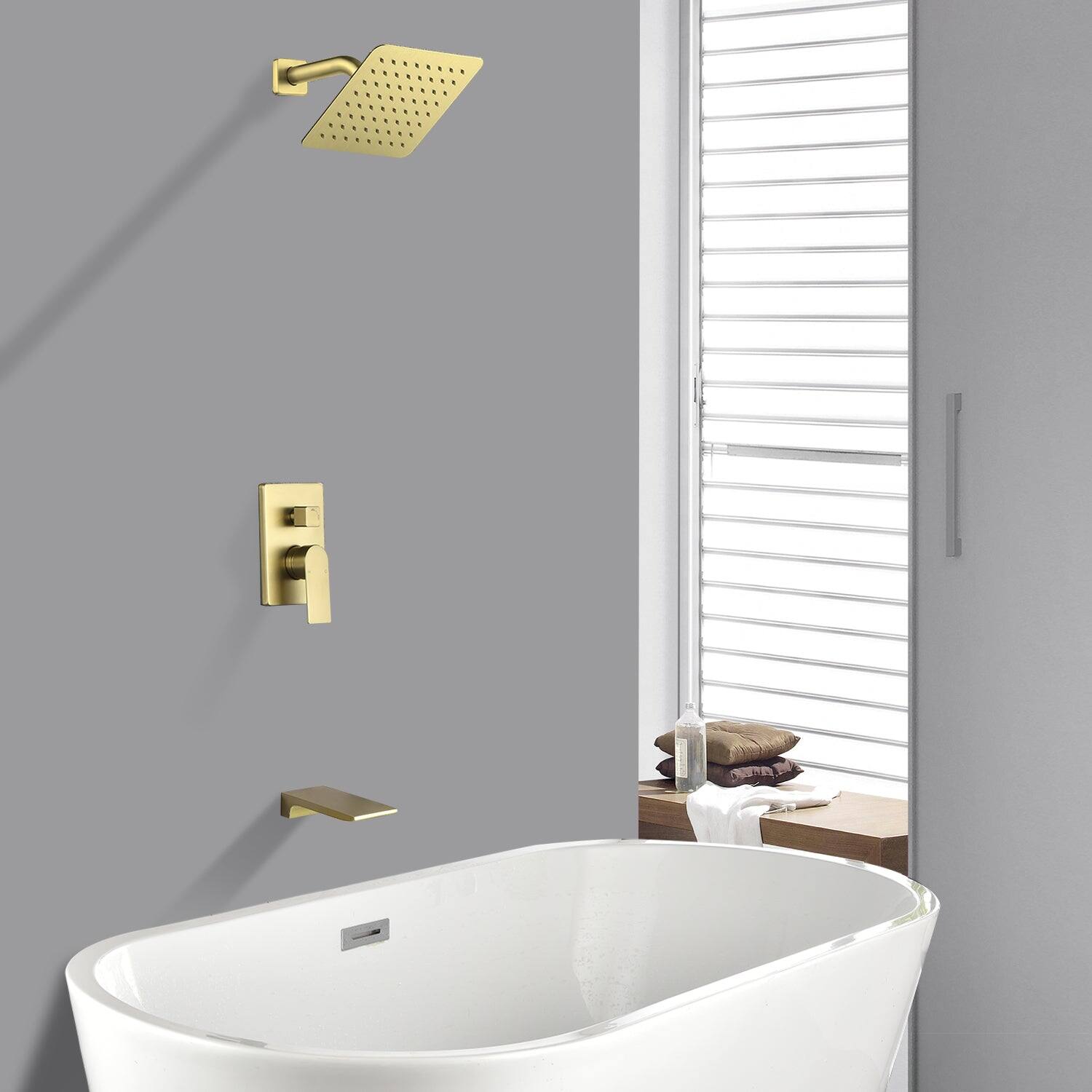 Alt View 5. Boyel Living - Brushed Gold 2-Function Brass Pressure Balance Valve 8 Inch SUS304 Top Spray Waterfall Spout Dual Water Outlet - Brushed Gold.