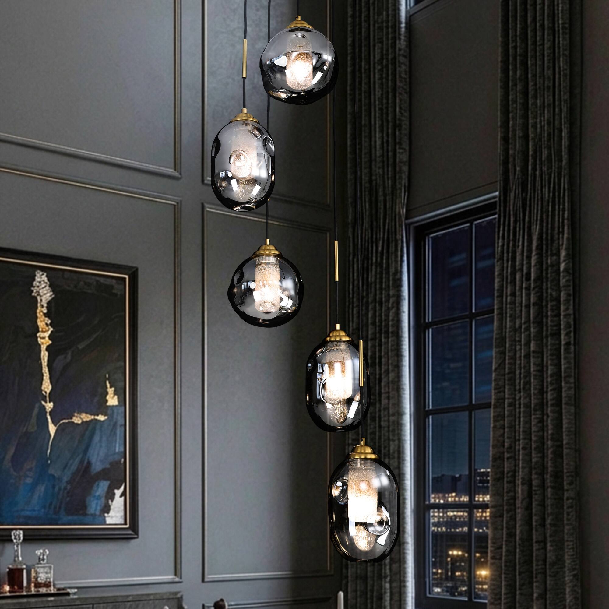 Back. Siljoy - 5 Light Staircase Pendant Light Sand Black Antique Brass Smoked Gray Glass Shades Adjustable Height for Entryway Foyer - Black.