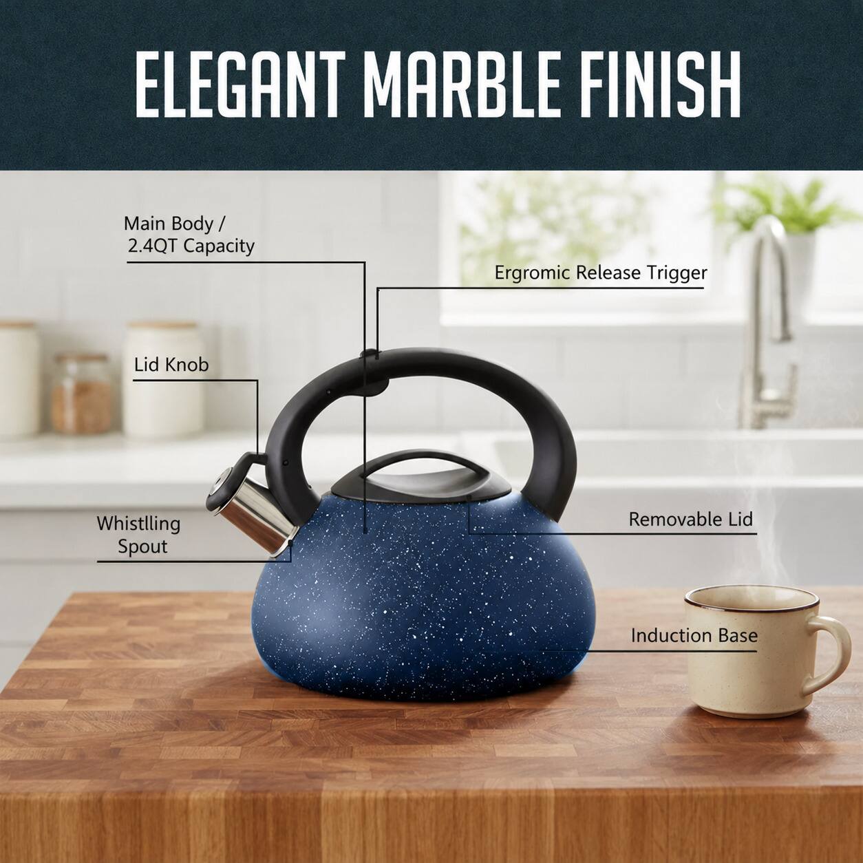 ELEGANT MARBLE FINISH

- Main Body / 2.4QT Capacity
- Ergonomic Release Trigger
- Lid Knob
- Whistling Spout
- Removable Lid
- Induction Base
