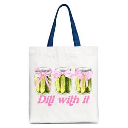 OrnamentallyYou - Coquette Dill With It Funny Tote Bag, Pink Bow Pickle Lover Gift Shopper - White Navy