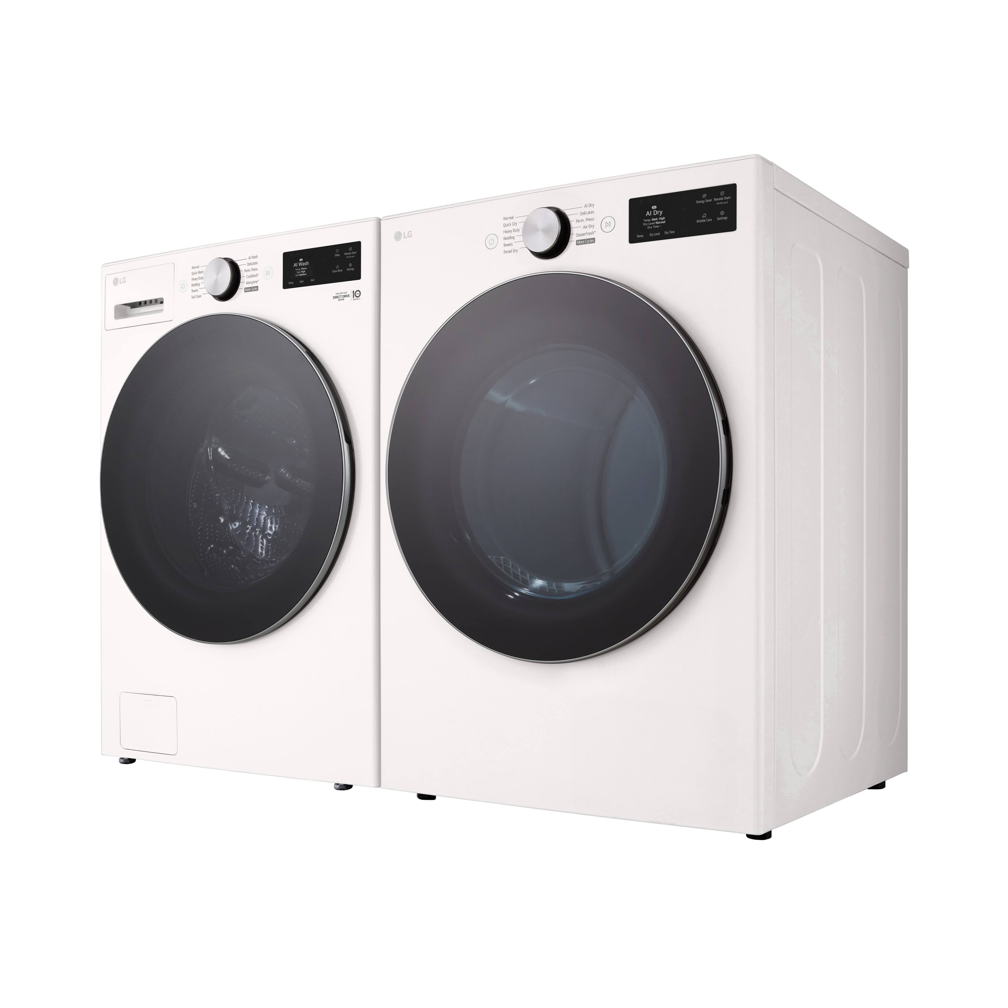 The text on the image appears to be a mix of letters and symbols that are not clearly legible. However, based on the context of the image showing a washing machine and dryer, here is a plausible correction and grouping of the text:

- LG
- 10 kg
- 4D Dr
- 10 kg

This suggests that the washing machine has a 10 kg capacity and the dryer has a 4D drying system with a 10 kg capacity.