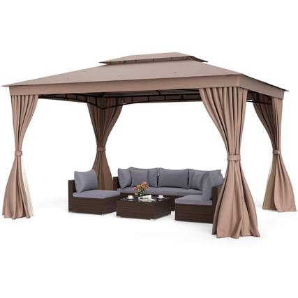 Front. Costway - Costway 10 X 13 FT Patio Gazebo, Outdoor Double-Roof Canopy Tent with Mesh Netting - Coffee.