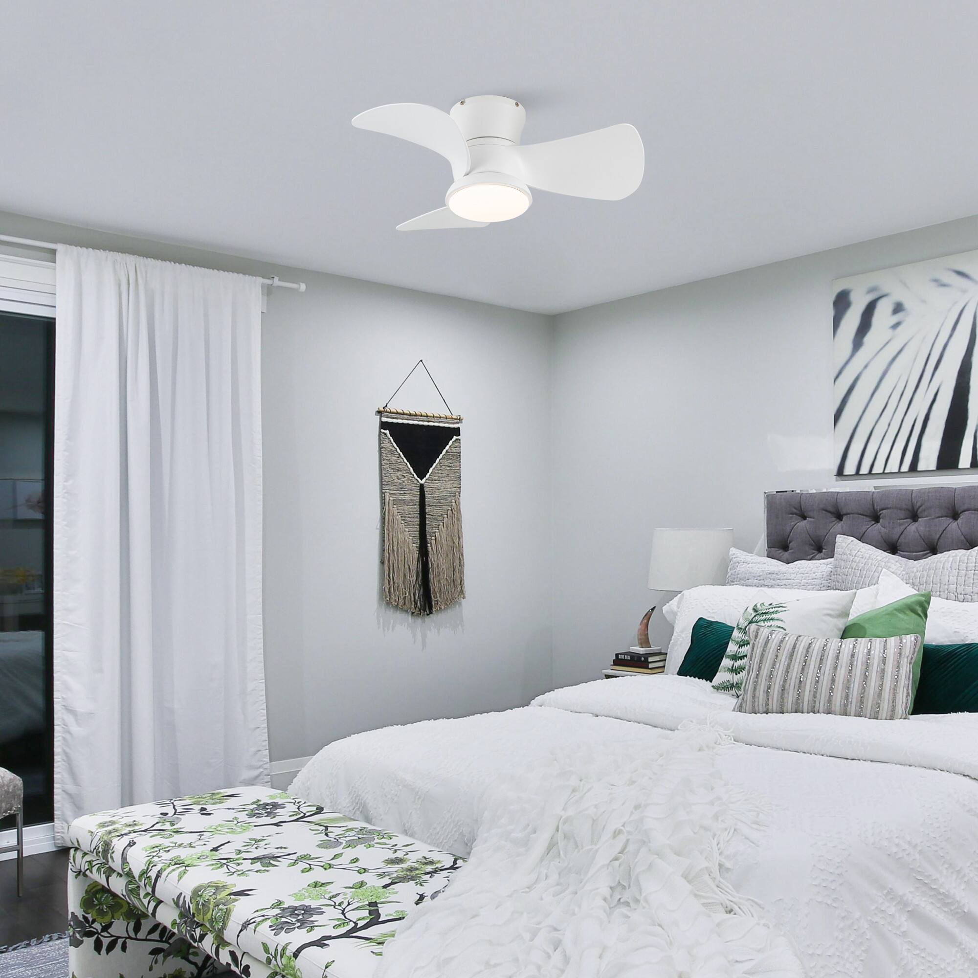 Left. Parrot Uncle - 31" Modern White Dimmable LED Hugger Ceiling Fan with Light and Remote - Matte White.