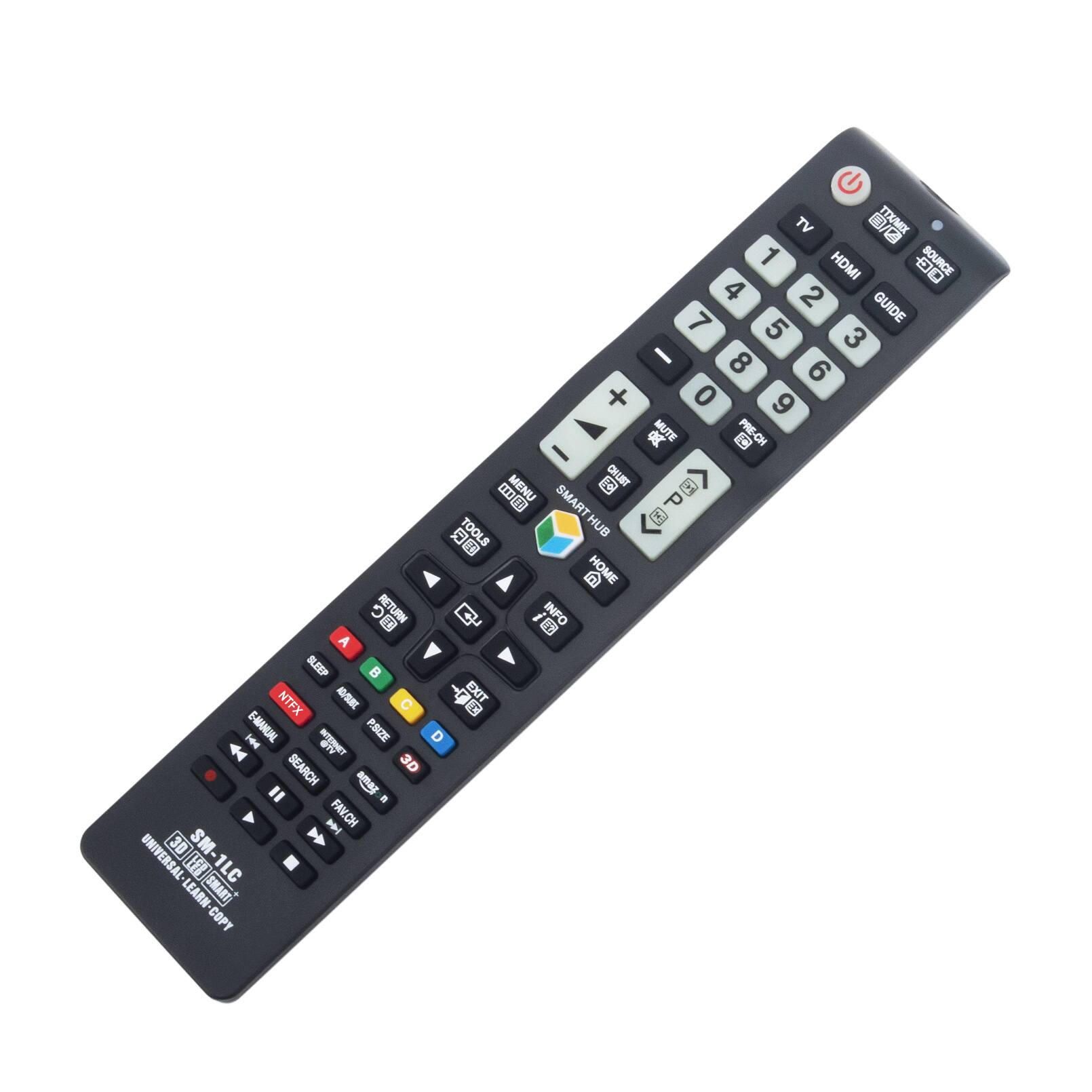 RETURN A SLEEP B NTFX A/SUE C i E-MANUAL - PSIZE  SN SEARCH 3D = u . I FAVCH 3D SM- S 1 UNIVERSAL [ I SM-1LC 1LC LEARN SMANT COPY TV a TT 1 HDMI SOURCE DO 4 2 7 GUIDE 5 3 - 8 6 + 0 9 o MUTE @ PRE-CH I DIL OHLIST o MENU E  SMART TOOLS HUB 0 @ HOME   INFO -8 d EXIT