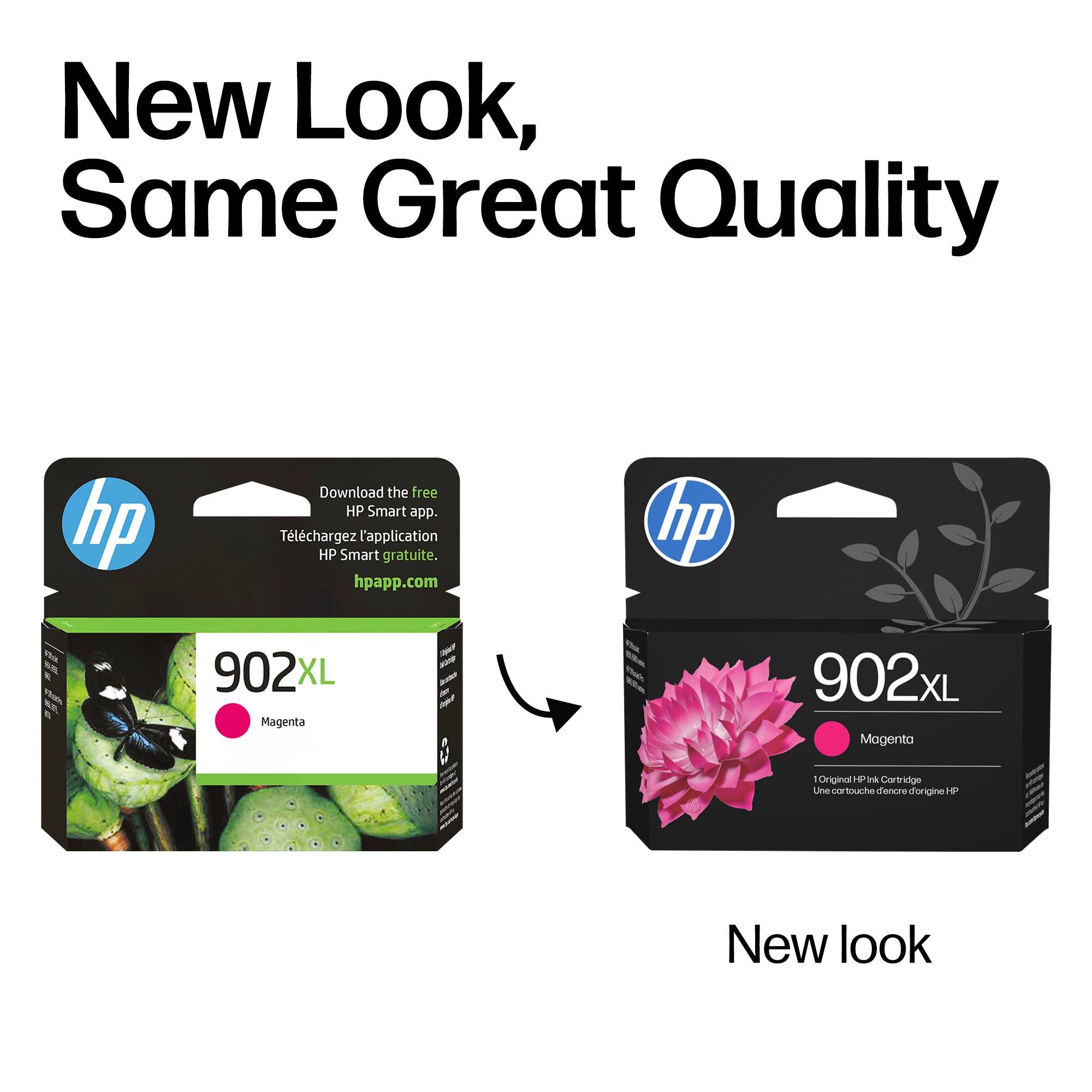 New Look, Same Great Quality

Download the free HP Smart app.  
Téléchargez l'application HP Smart gratuite.  
hpapp.com

902XL  
Magenta

New look