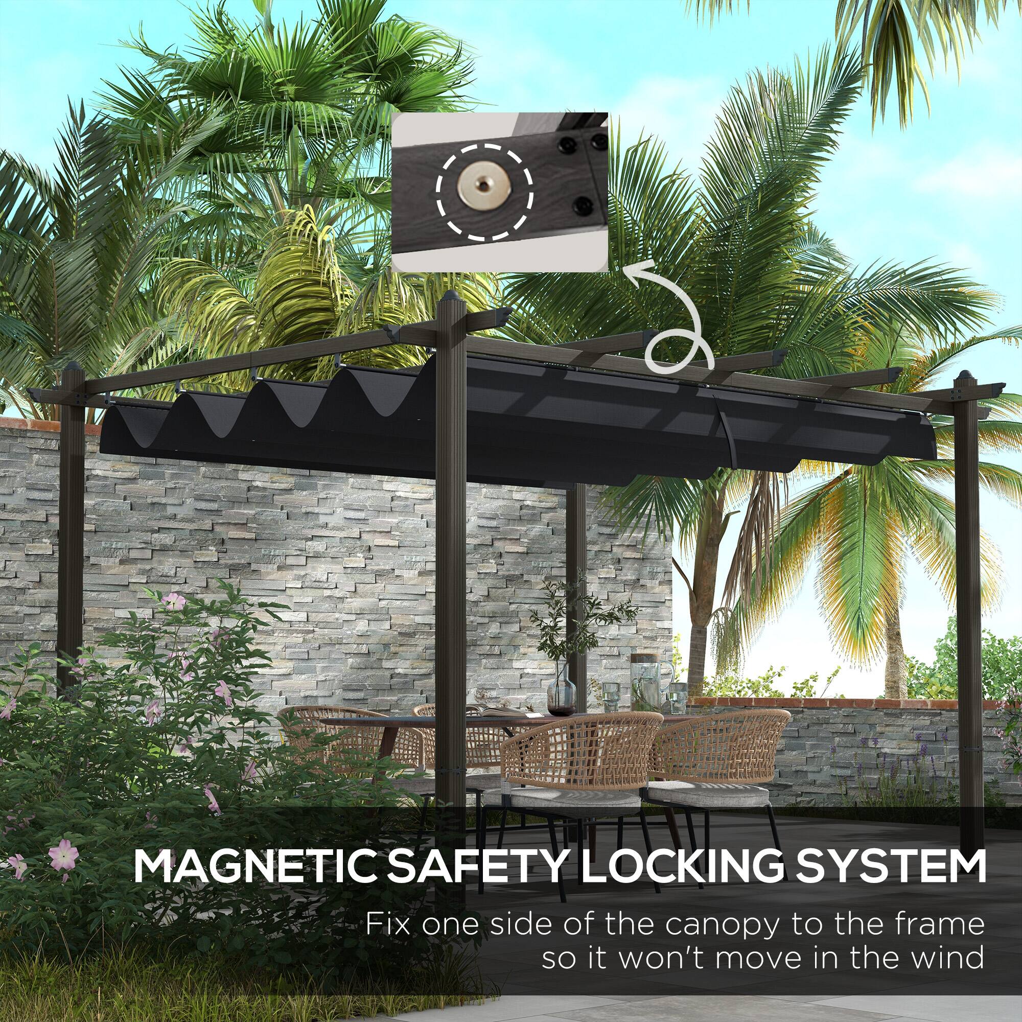 MAGNETIC SAFETY LOCKING SYSTEM
Fix one side of the canopy to the frame so it won't move in the wind