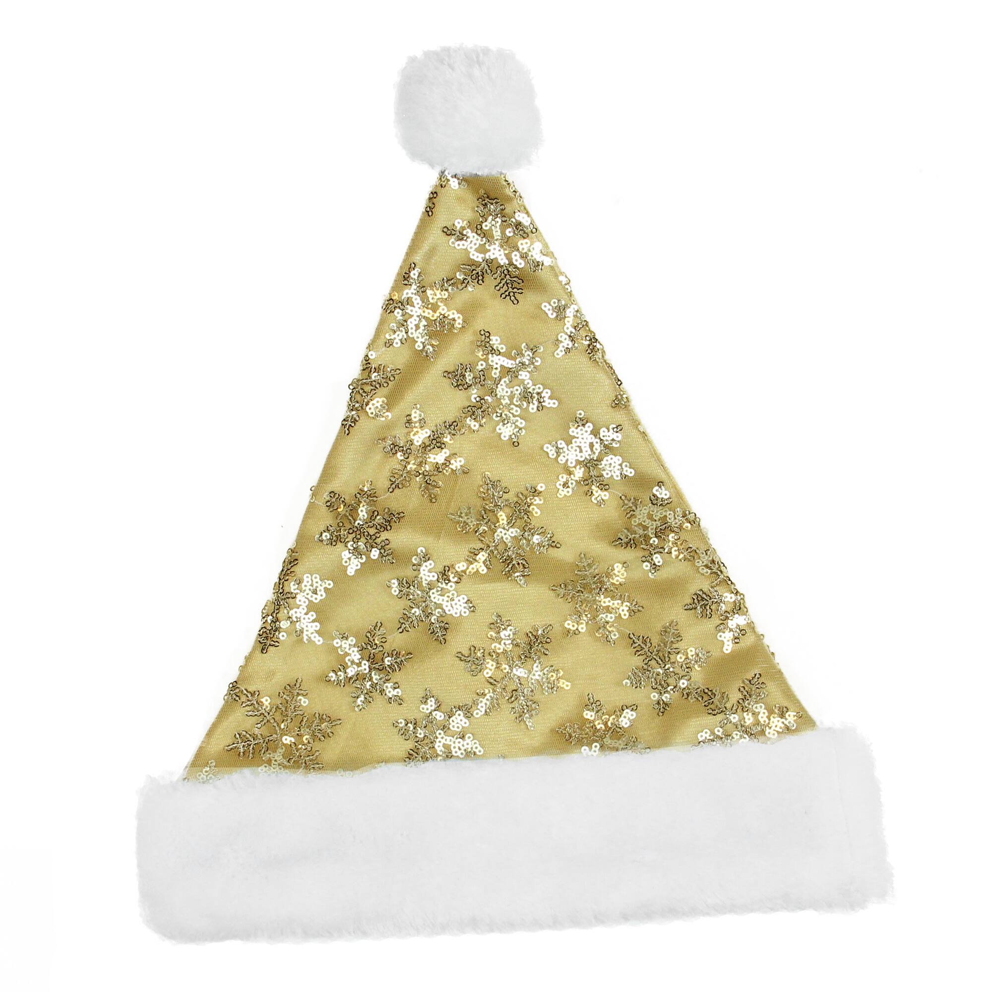 Front. Northlight - 21" Gold and White Sequin Snowflake Christmas Santa Hat Costume Accessory - Medium - Gold.