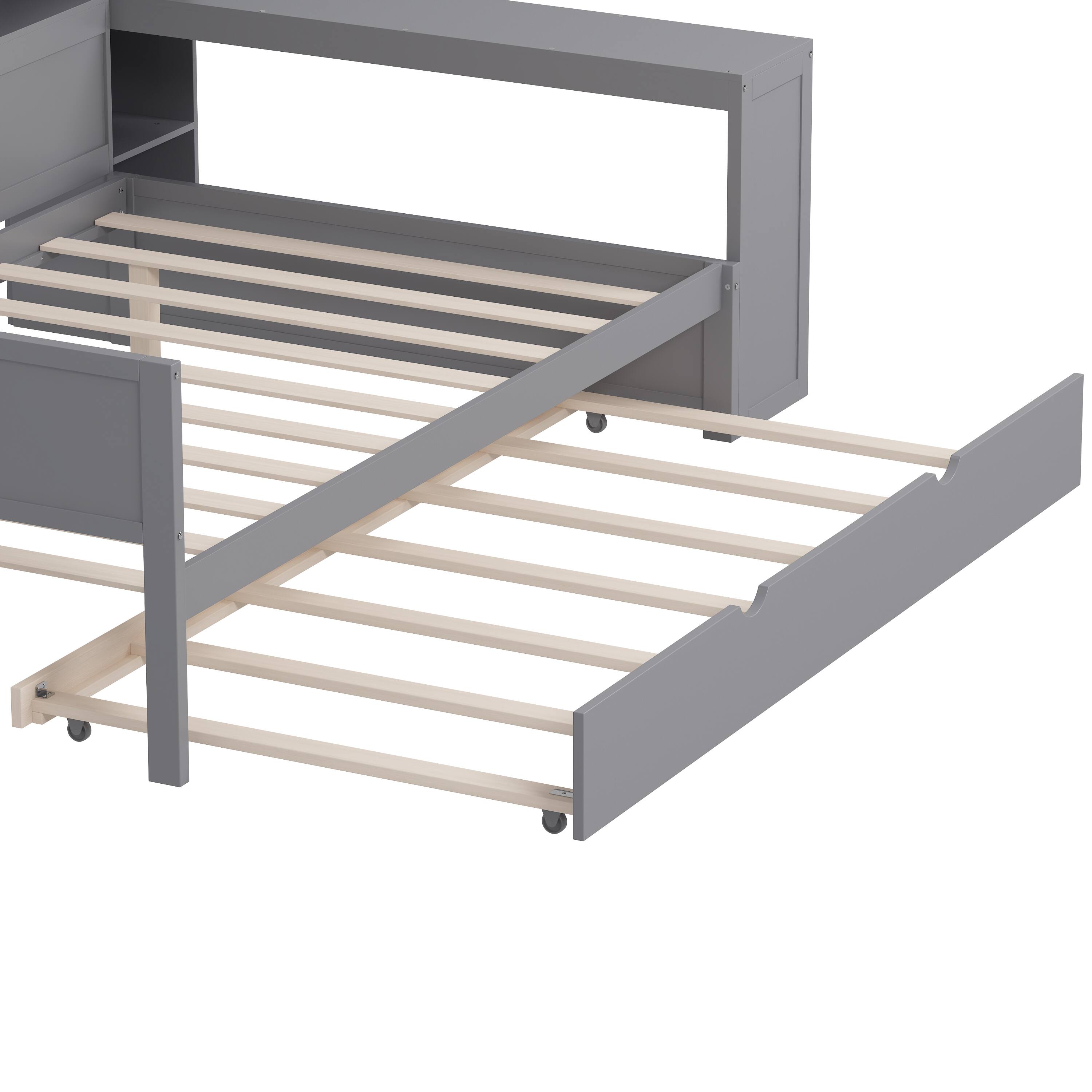 Alt View 7. Tiramisubest - Wooden Full Size Daybed with Storage Shelves, Multi-functional Bed with Twin Size Trundle Bed and  Study Desk,Gray - Gray.