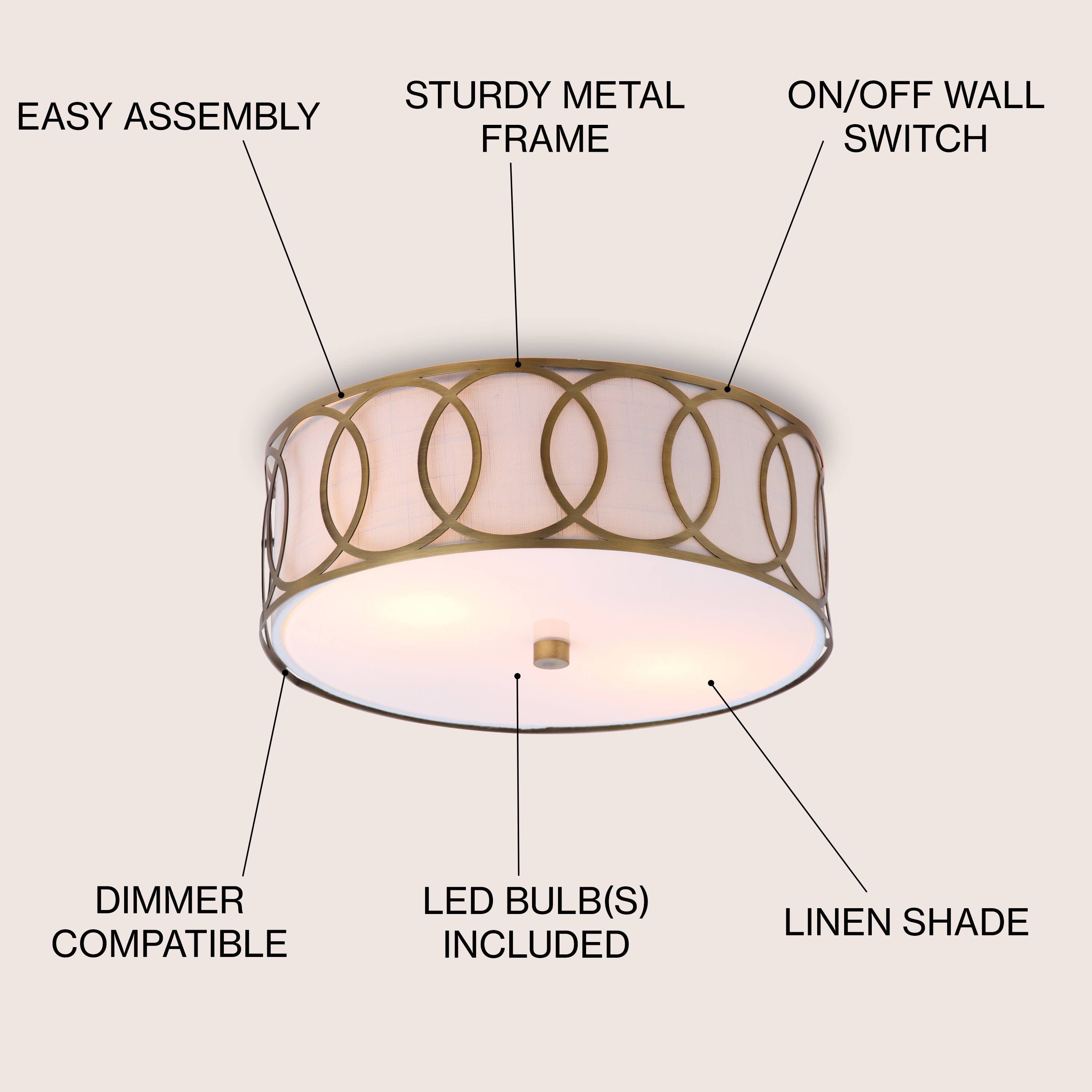 STURDY METAL EASY ASSEMBLY FRAME ON/OFF WALL SWITCH DIMMER COMPATIBLE LED BULB(S) INCLUDED LINEN SHADE