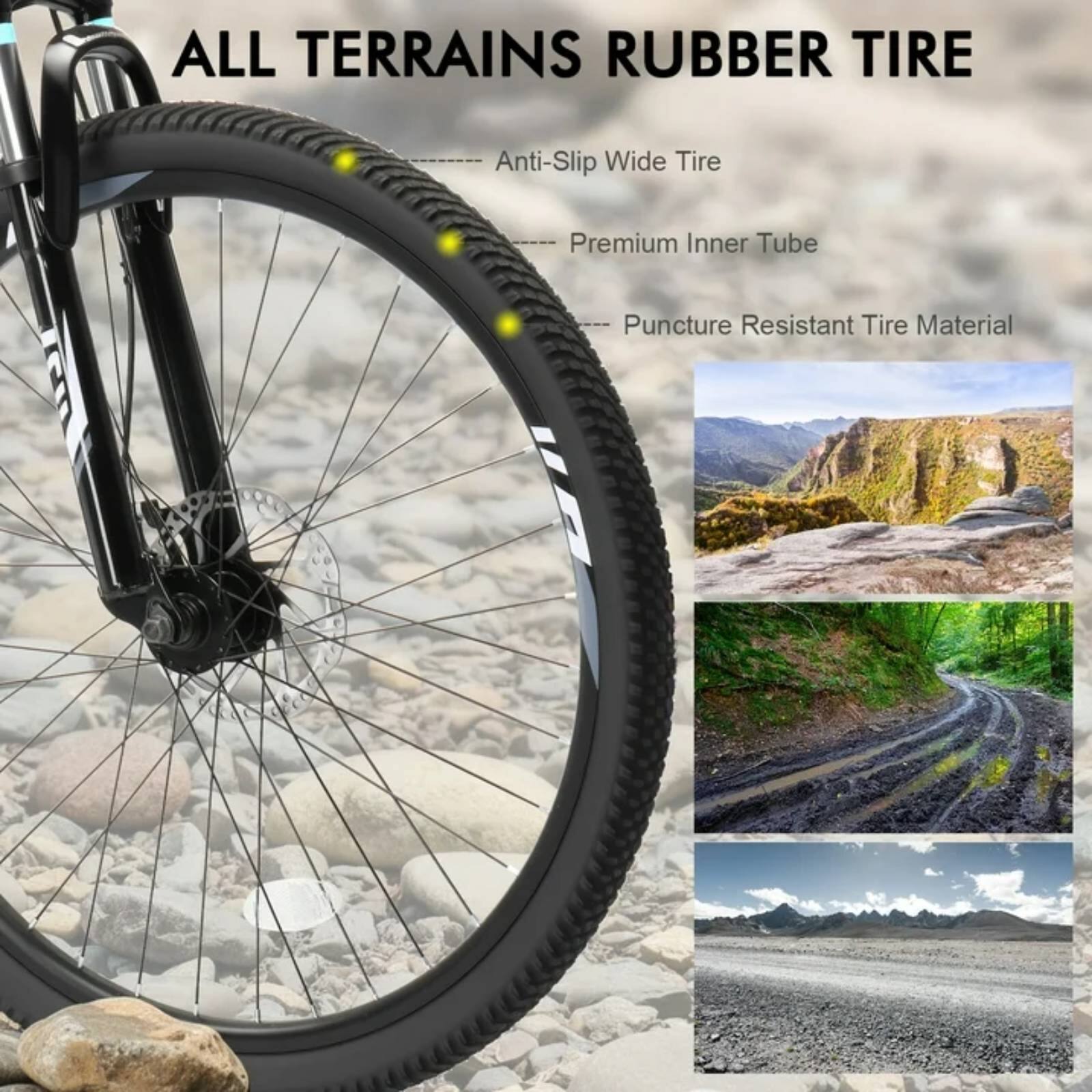 ALL TERRAINS RUBBER TIRE

- Anti-Slip Wide Tire
- Premium Inner Tube
- Puncture Resistant Tire Material