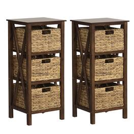 Costway - 2 PCS 3-Tier Nightstand with 3 Seagrass Baskets Rubber Wood X-Shaped Frames 3 Drawers - Walnut,Natural