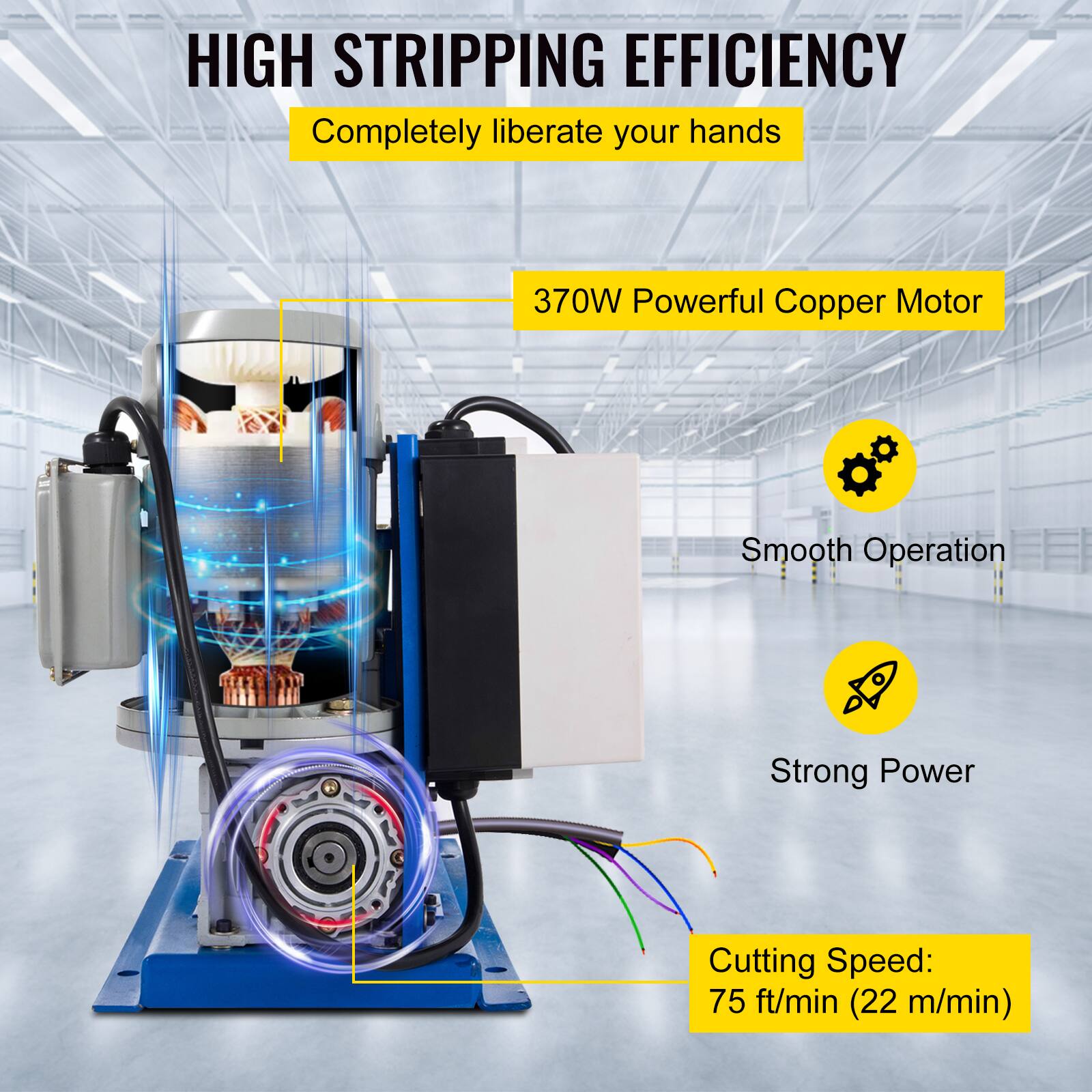 HIGH STRIPPING EFFICIENCY  
Completely liberate your hands  
370W Powerful Copper Motor  
Smooth Operation  
Strong Power  
Cutting Speed: 75 ft/min (22 m/min)