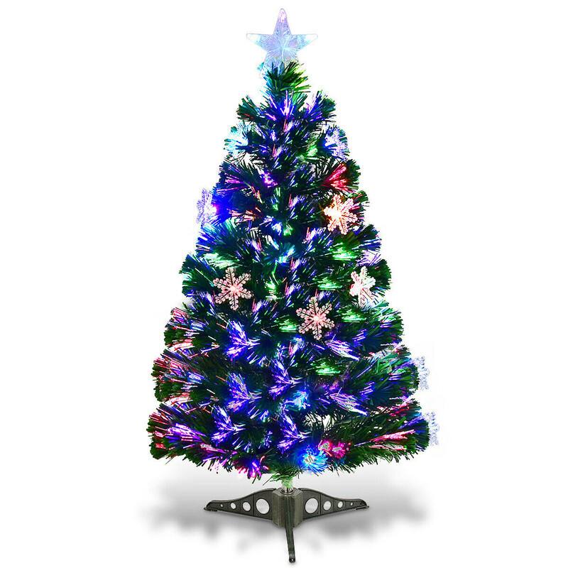Back. WELLFOR - 3 ft Prelit Fiber‑Optic Artificial Christmas Tree with Multicolor Lights& Snowflake‑Star Ornaments for Xmas Small‑Space - Green.