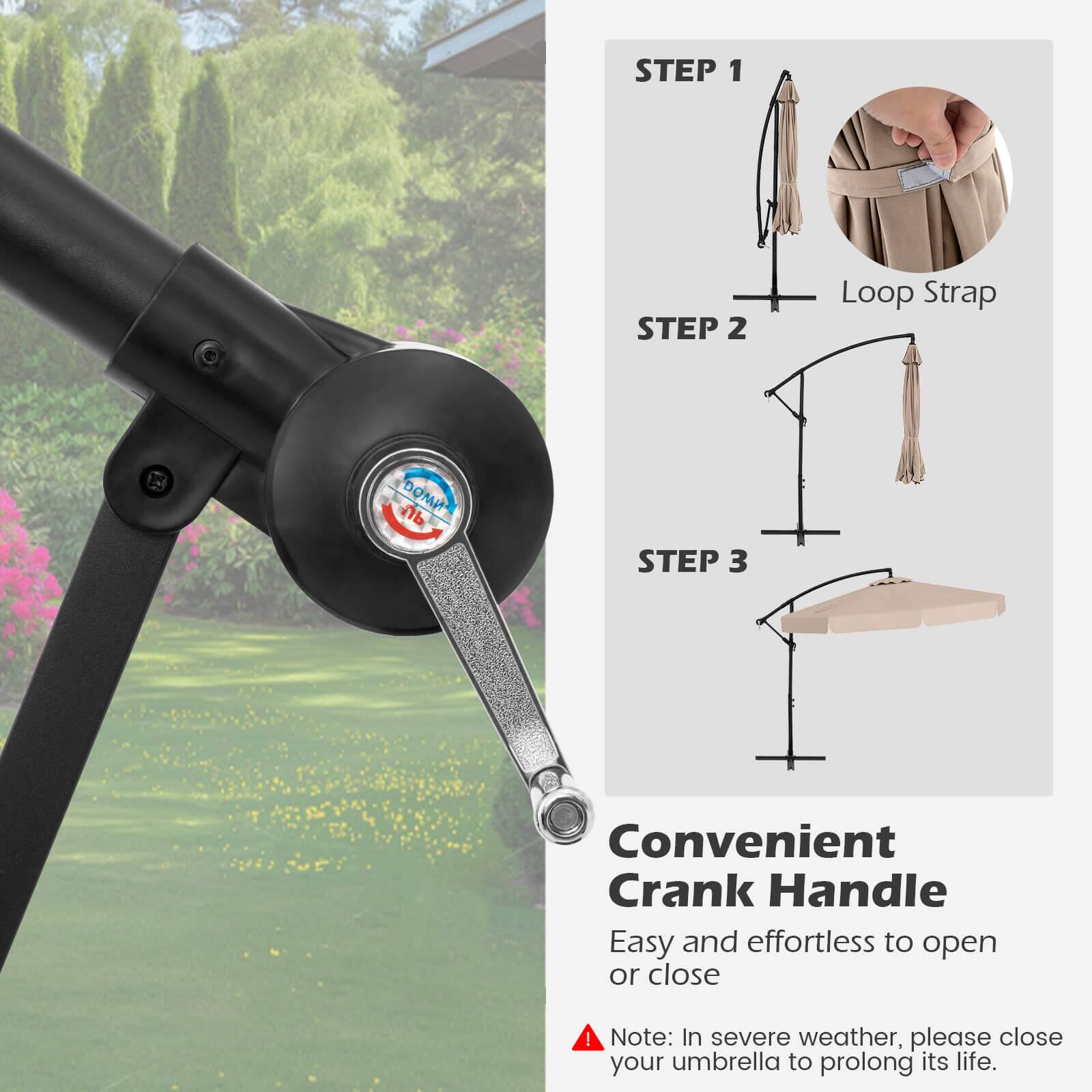 STEP 1: STEP 2: Loop Strap D: STEP 3: Convenient Crank Handle: Easy and effortless to open or close! Note: In severe weather, please close your umbrella to prolong its life.