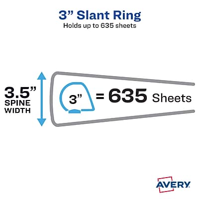 3" Slant Ring  
Holds up to 635 sheets  

3.5" Spine Width  
3" = 635 Sheets  

Avery
