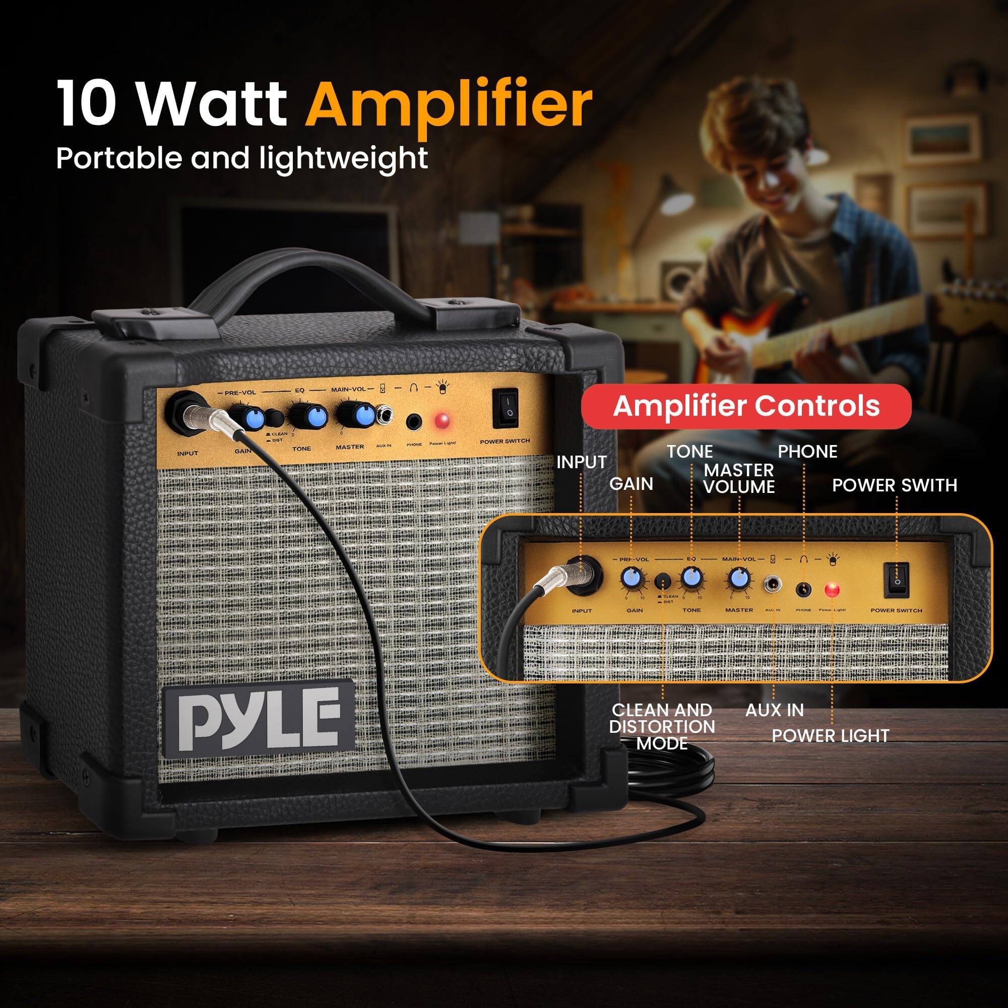 10 Watt Amplifier  
Portable and lightweight  

Amplifier Controls  
- INPUT  
- GAIN  
- TONE  
- MASTER VOLUME  
- PHONE  
- POWER SWITCH  

- CLEAN AND DISTORTION MODE  
- AUX IN  
- POWER LIGHT