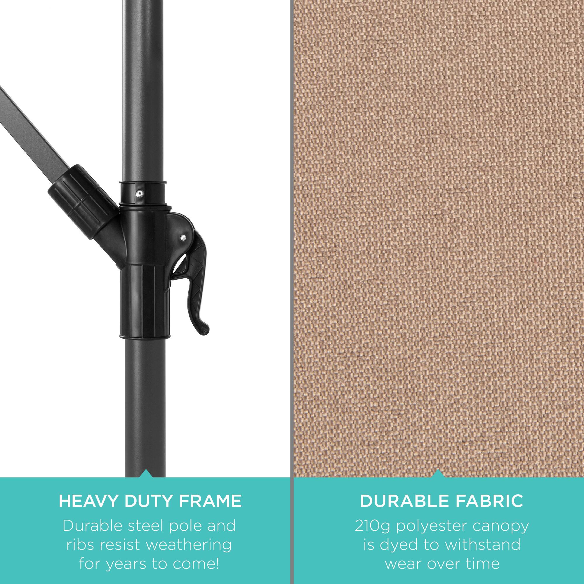 HEAVY DUTY FRAME  
Durable steel pole and ribs resist weathering for years to come!

DURABLE FABRIC  
210g polyester canopy is dyed to withstand wear over time