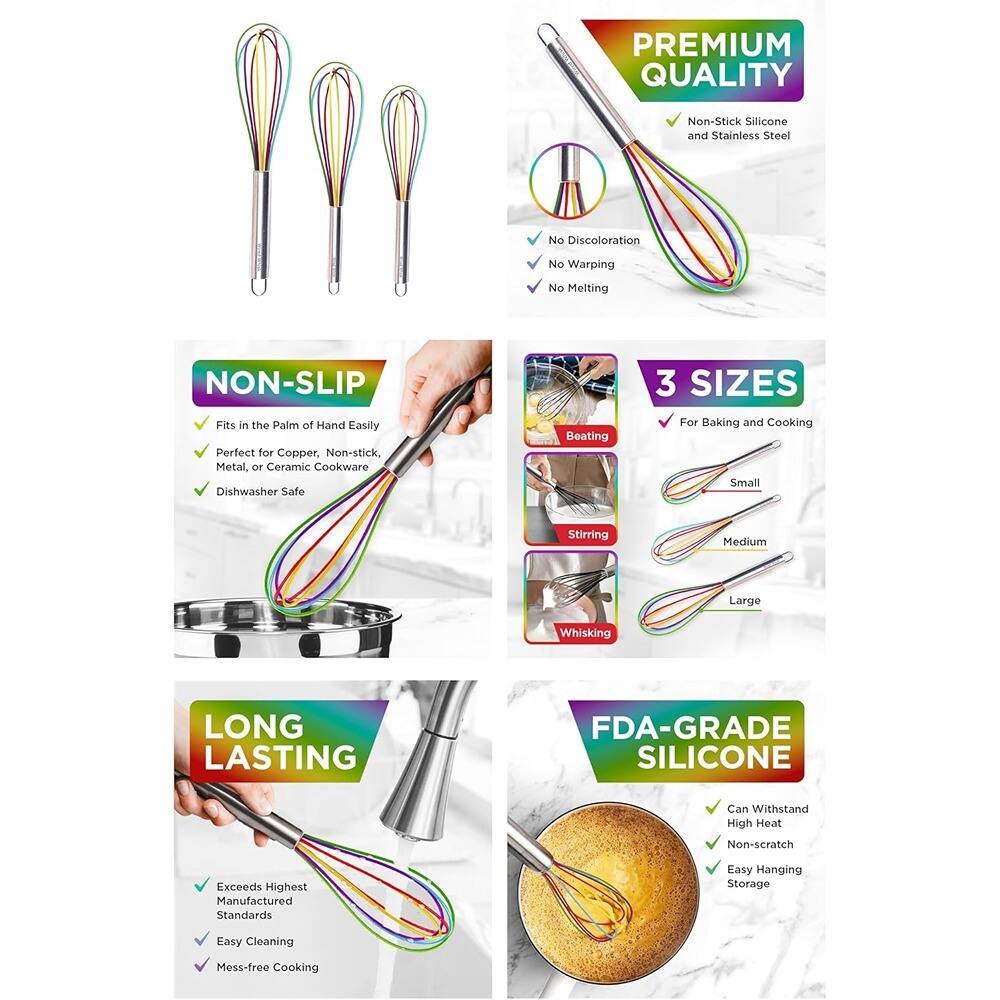 **PREMIUM QUALITY**  
- Non-Stick Silicone and Stainless Steel  
- No Discoloration  
- No Warping  
- No Melting  

**NON-SLIP**  
- Fits in the Palm of Hand Easily  
- Perfect for Copper, Non-stick, Metal, or Ceramic Cookware  
- Dishwasher Safe  

**3 SIZES**  
- For Baking and Cooking  
  - Small  
  - Medium  
  - Large  

**LONG LASTING**  
- Exceeds Highest Manufactured Standards  
- Easy Cleaning  
- Mess-free Cooking  

**FDA-GRADE SILICONE**  
- Can Withstand High Heat  
- Non-scratch  
- Easy Hanging Storage