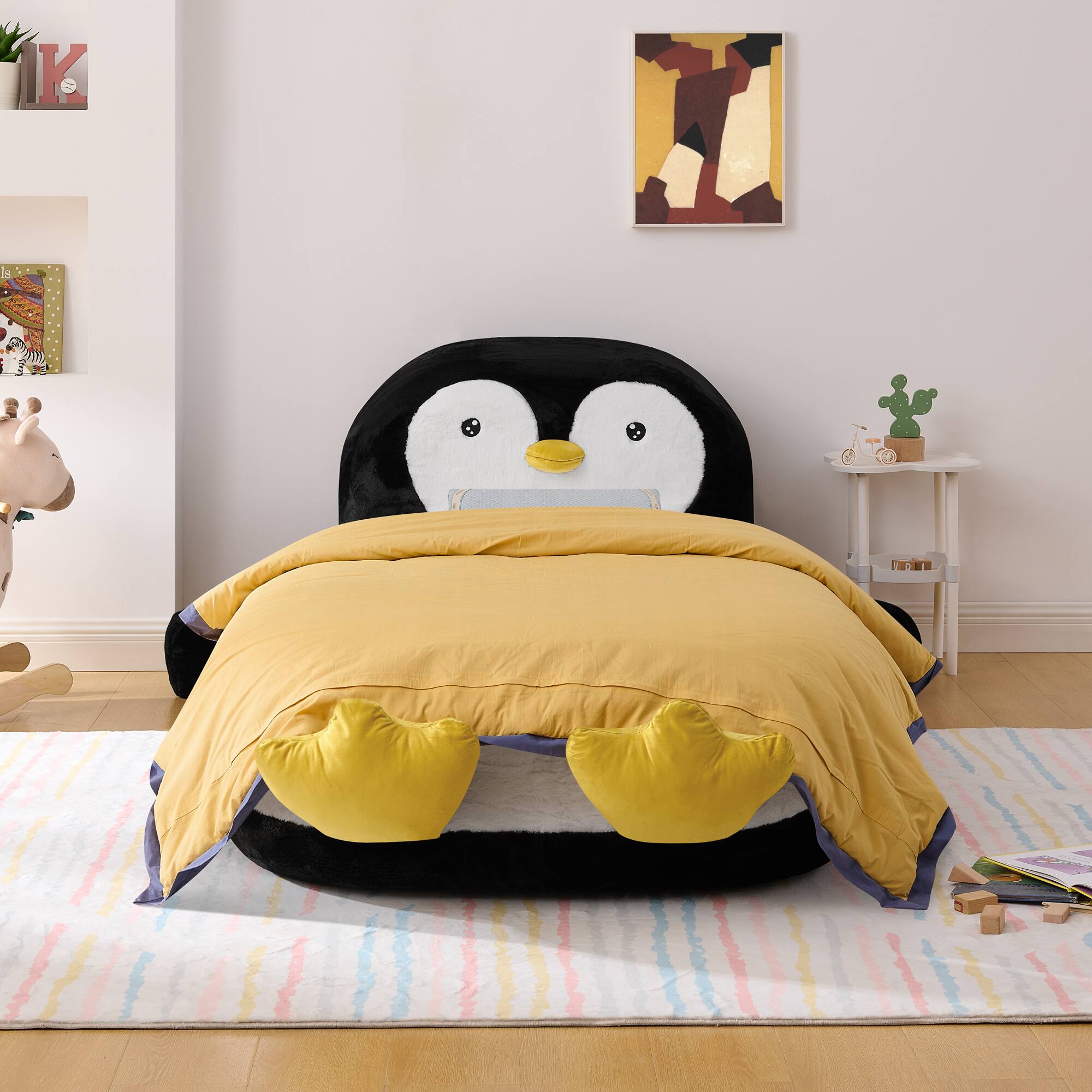 Angle. Anysun - Twin Size Fluffy Faux Fur Penguin Shaped Bed Lounger Chair with 100% Sponge Filling for Kids Bedroom Playroom - Black.