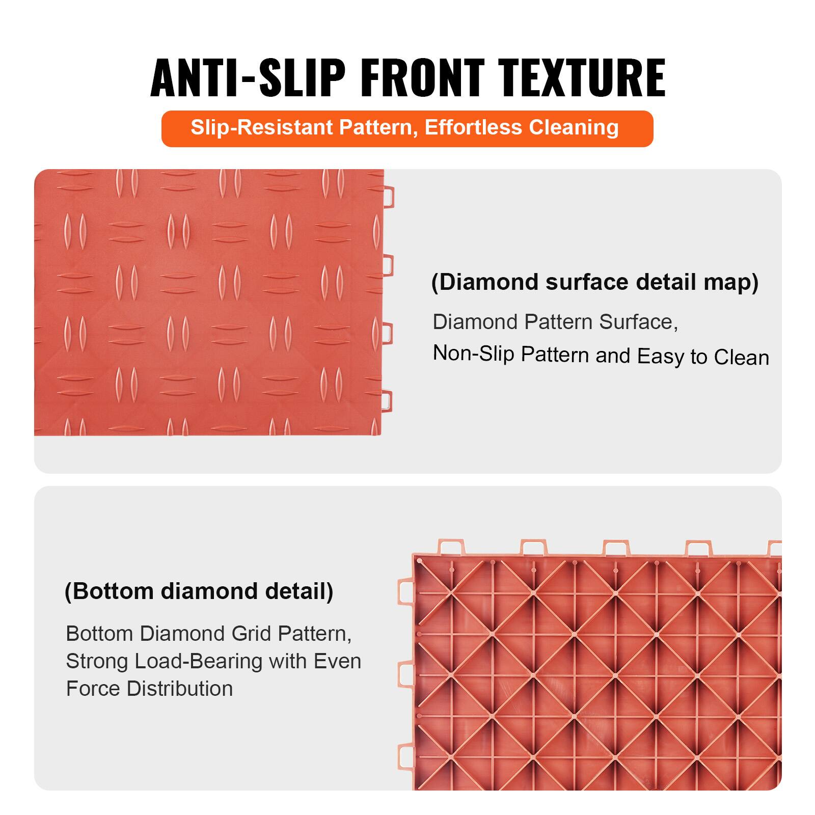 ANTI-SLIP FRONT TEXTURE  
Slip-Resistant Pattern, Effortless Cleaning  

(Diamond surface detail map)  
Diamond Pattern Surface, Non-Slip Pattern and Easy to Clean  

(Bottom diamond detail)  
Bottom Diamond Grid Pattern, Strong Load-Bearing with Even Force Distribution