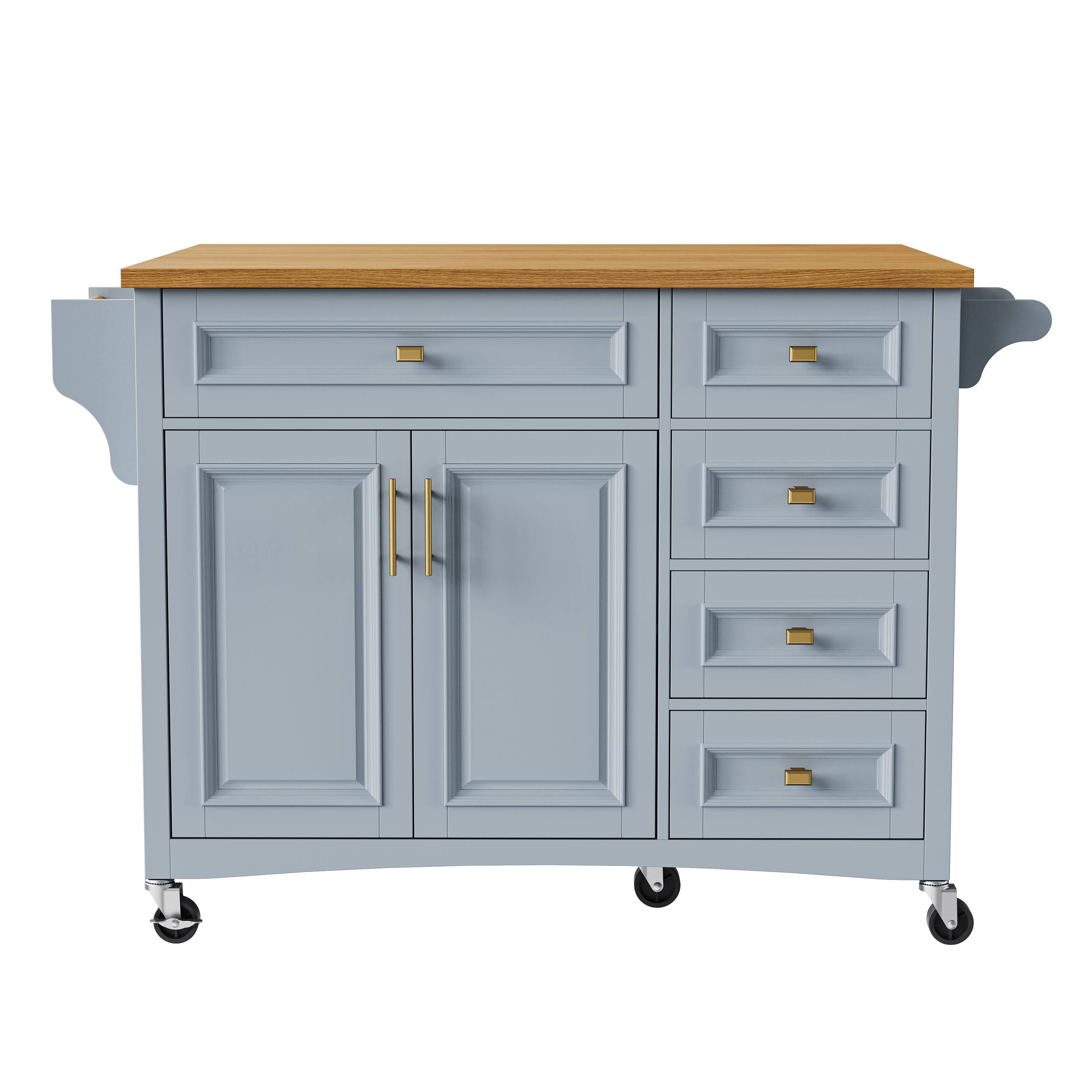 Alt View 2. Forest'nSky - 52" Kitchen Island with Drop Leaf – Embossed Texture Cart on Wheels, 5 Drawers, 2 Doors, Spice & Towel Racks, Blue Grey - Blue Grey.