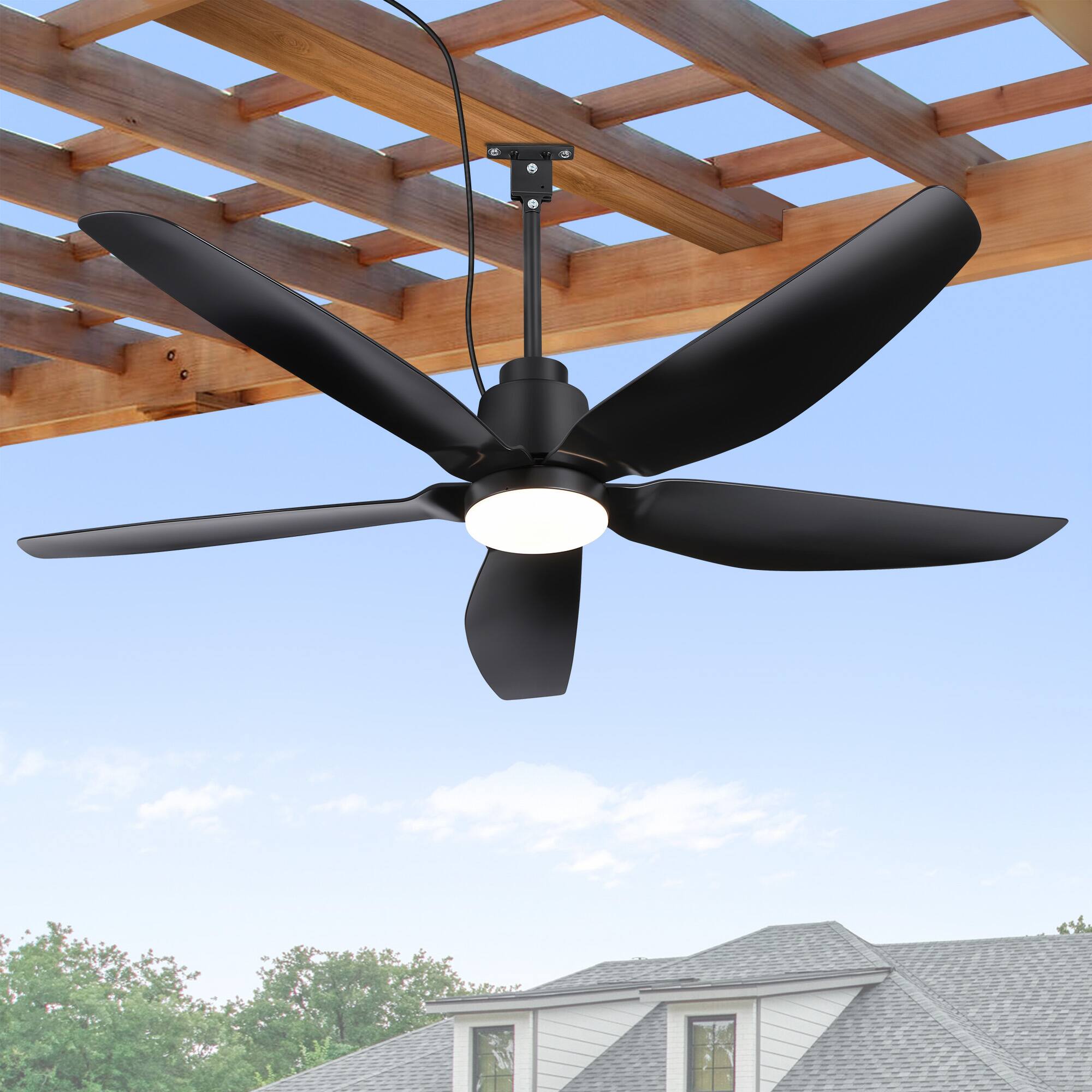 Angle. Breezary - 52-Inch Outdoor Waterproof Ceiling Fan with LED Light, ABS Blades, Remote, DC Motor, Includes 6&10-Inch Downrods - matte black.