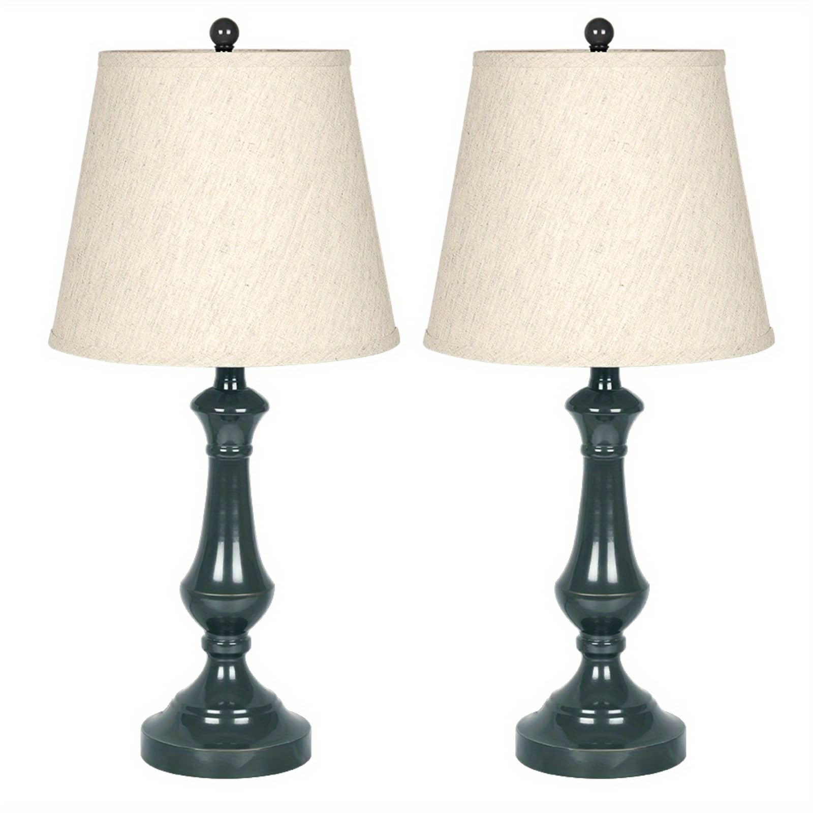Oumilen - 2-Pack Table Lamps, Dark Green Glossy Base with Beige Fabric Linen Shade, E26 Rotary Switch Socket for Bedroom