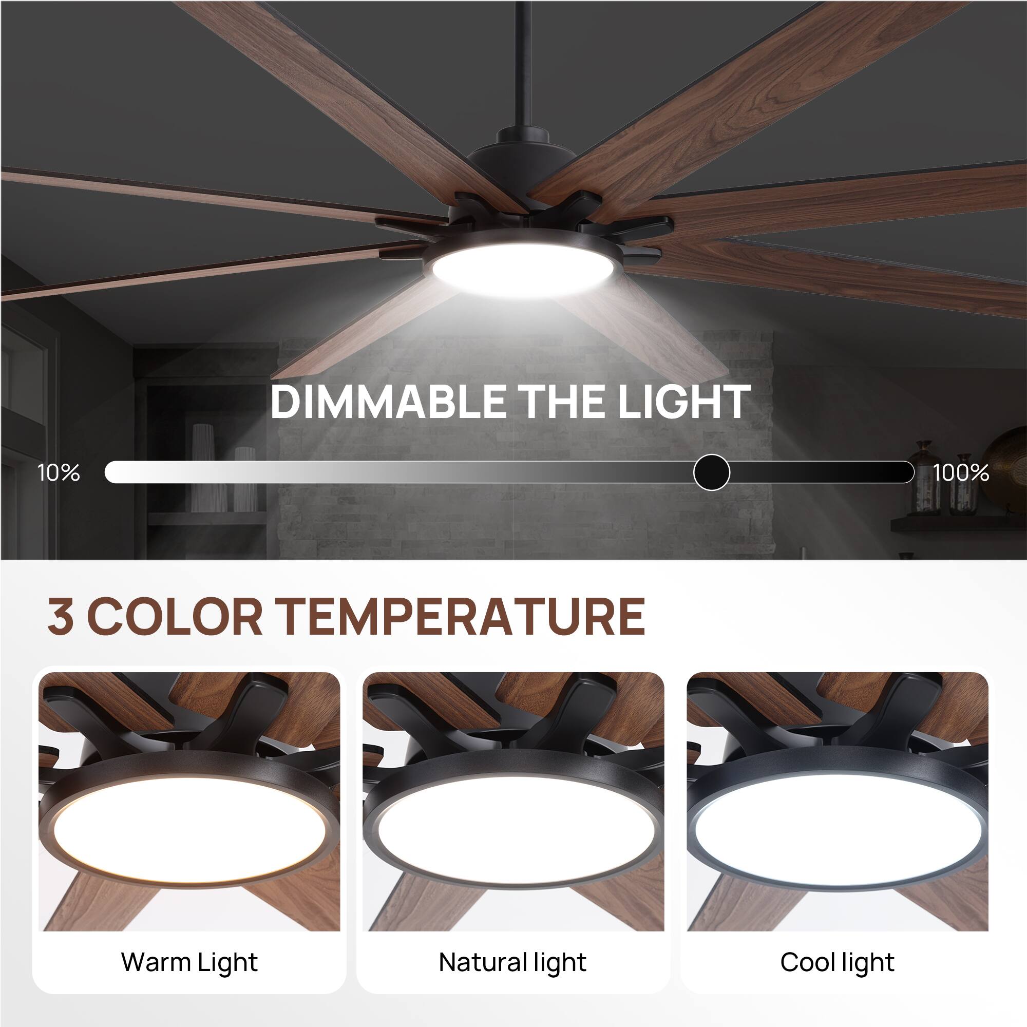 DIMMABLE THE LIGHT  
10% 100%  

3 COLOR TEMPERATURE  
Warm Light  
Natural light  
Cool light