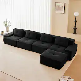 Anysun - 153" L-Shape Corduroy Sectional Sofa with Ottoman - 4-Seat Deep-Seat Couch, Pearl Piping, Tufted, No Assembly. - Black