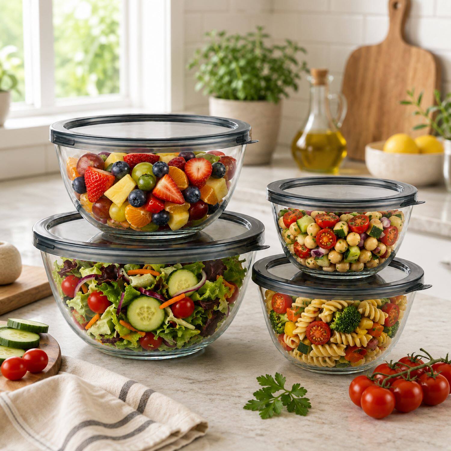 Sorbus 4 Piece Glass Bowl Set with Airtight Lids, Mixing & Storage