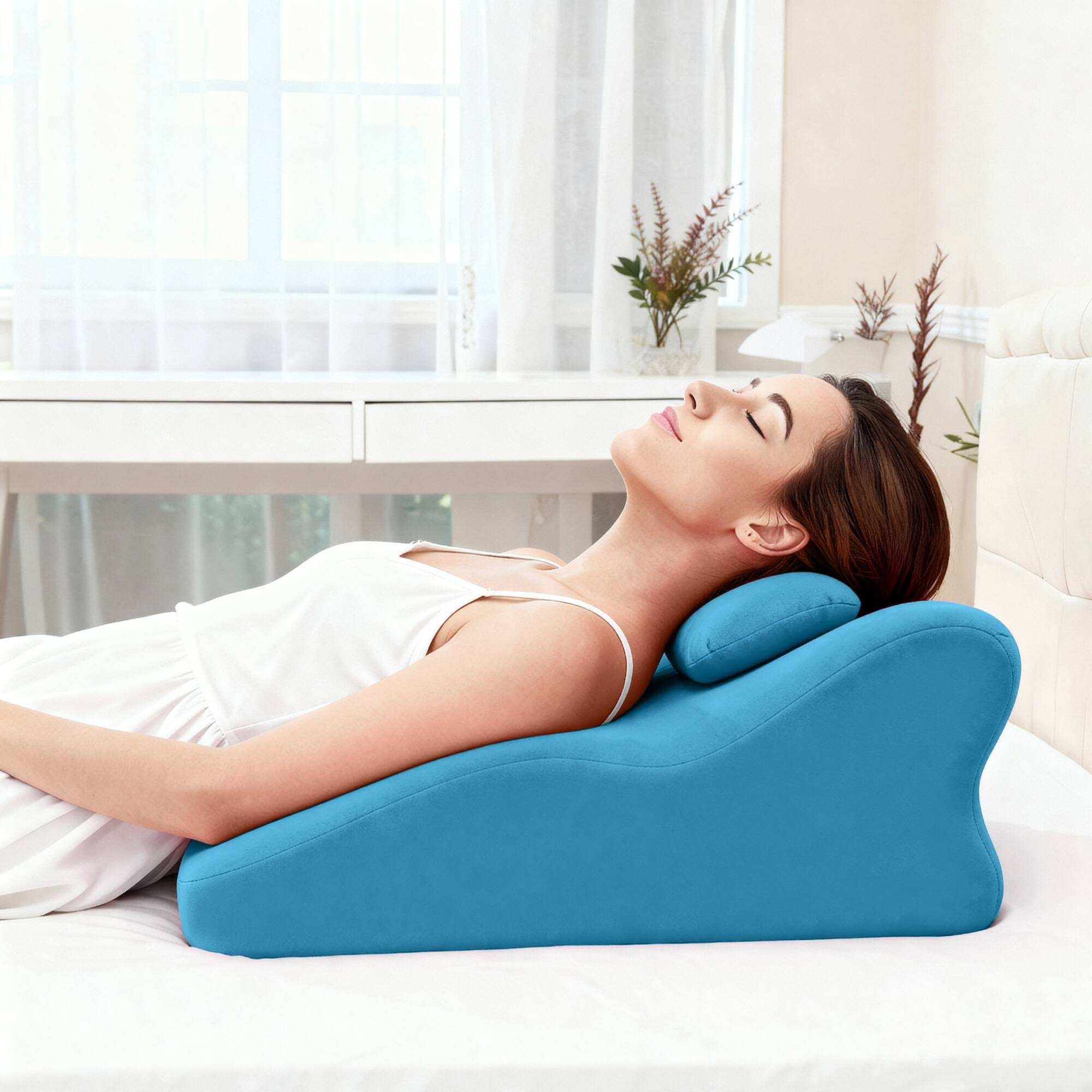 Angle. GOODSILO - Ergonomic Posture Support Pillow for Legs, Lumbar, and Back - Multi-Functional Comfort Cushion - Blue.