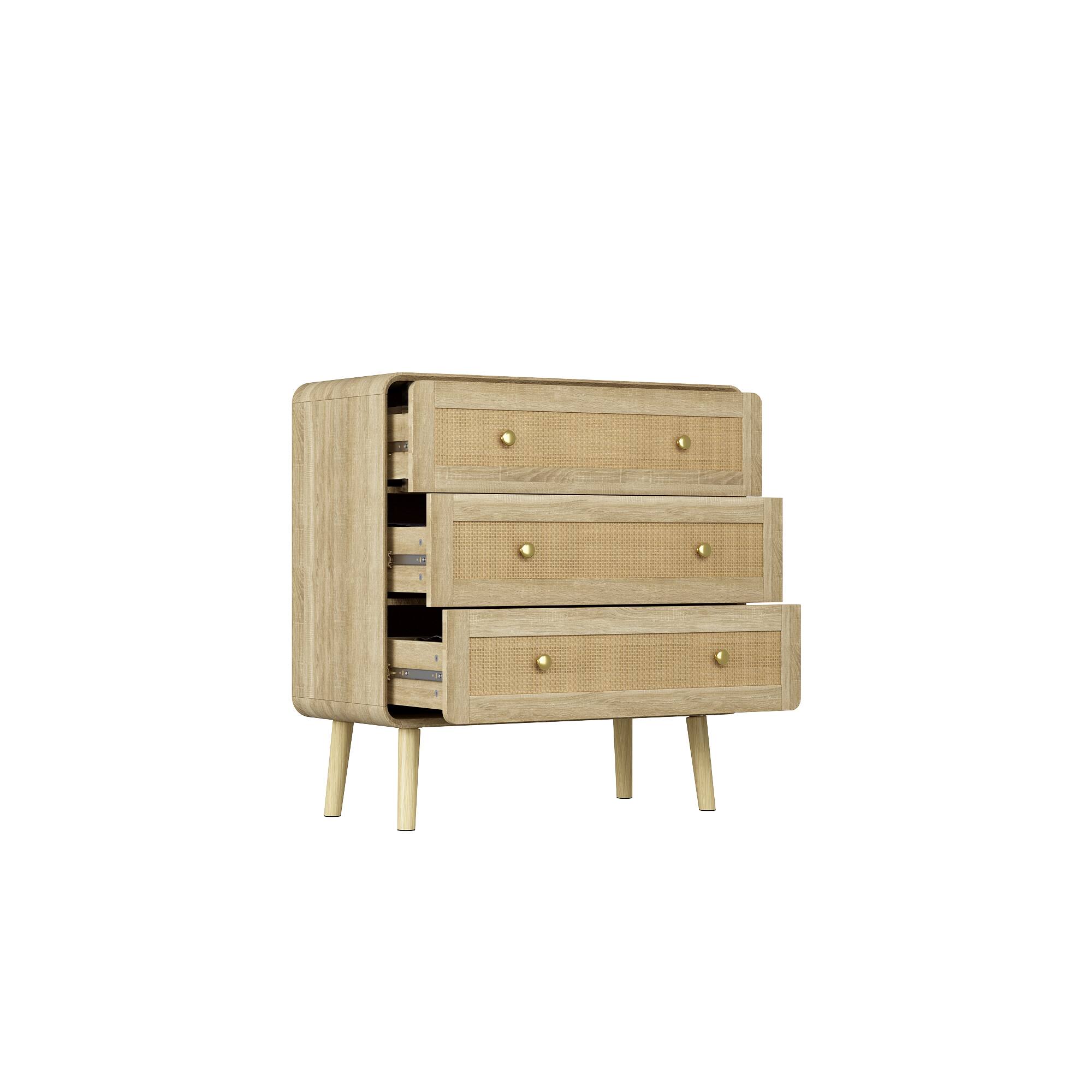 Left. Famapy - Famapy Rattan - Accented Nightstand with Rounded Corners: 3 - Drawer Storage for Bedroom & Office - Wooden.