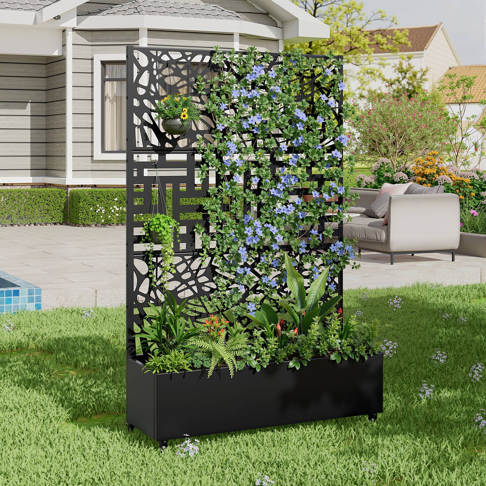 Alt View 2. PexFix - 72 in. H x 47 in. W Netllen Pattern Rectangle Metal Planter Box Raised Garden Beds with Trellis-Ideal for Balcony - Black.