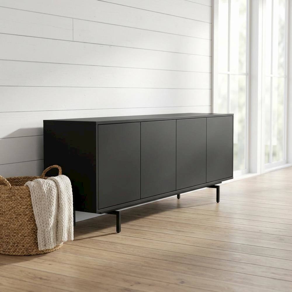 Angle. FurniFact - Black Laminate TV Console with Four Doors and Modern Style - Black.