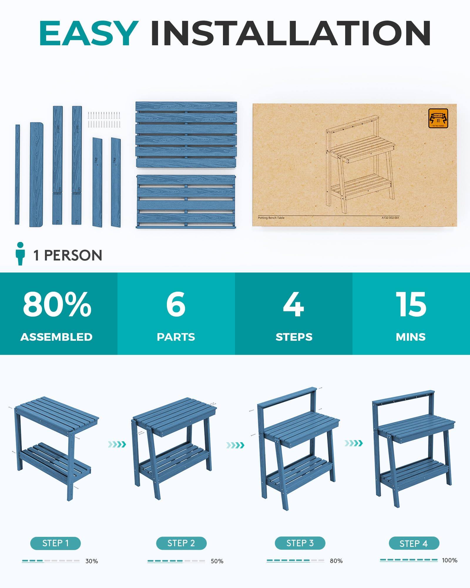 EASY INSTALLATION

1 PERSON

80% ASSEMBLED

6 PARTS

4 STEPS

15 MINS

STEP 1 30%

STEP 2 50%

STEP 3 80%

STEP 4 100%