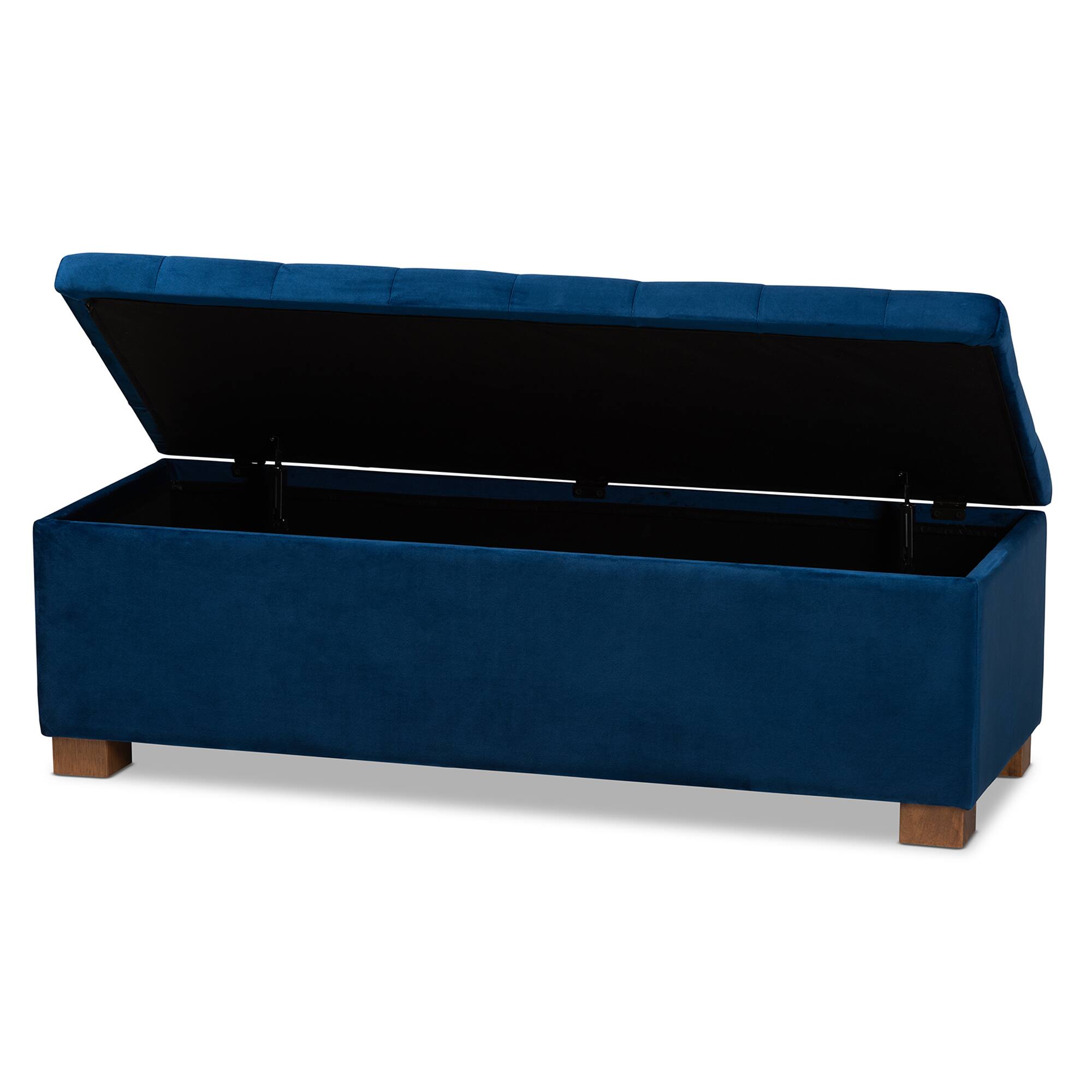 Angle. Baxton Studio - Roanoke Modern and Contemporary Velvet Fabric Upholstered Grid-Tufted Storage Ottoman Bench - Navy Blue/Brown.
