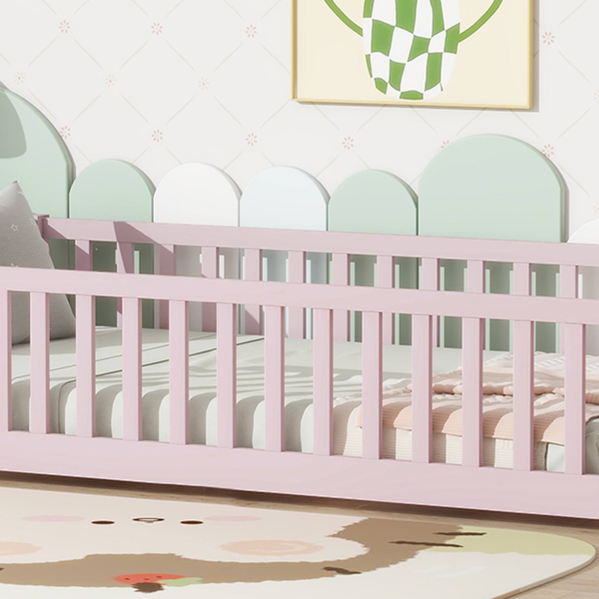 Alt View 5. GOODSILO - Twin Size Low-Profile Youth Bed with Secure Enclosure Frame, Solid Wood Construction, Neutral Finish - Pink.