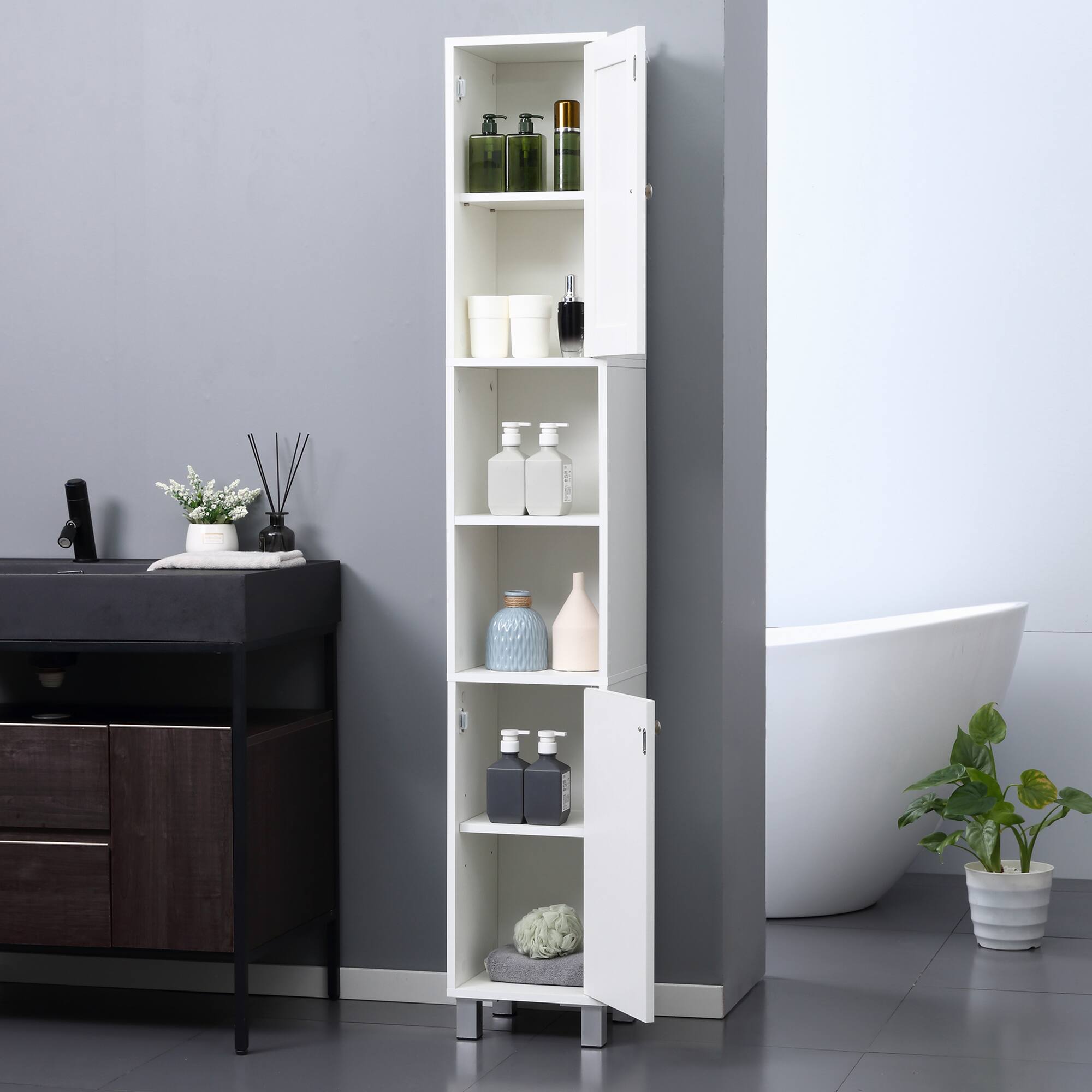 Alt View 7. Kleankin - Tall Bathroom Storage Cabinet with Mirror, Wooden Freestanding Tower Cabinet with Adjustable Shelves - White.