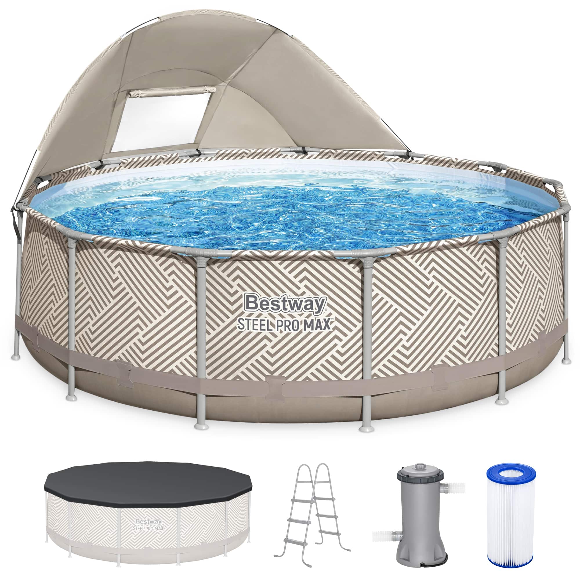 Bestway - Steel Pro MAX 13' x 42" Round Above Ground Pool Set with Canopy & Ladder - Beige Chevron