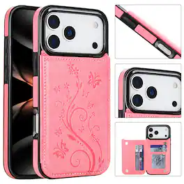 Dteck - For Apple iPhone 17 Pro Max Wallet Case Flower Embossed Pattern PU Leather Card Slots Flip Kickstand Shockproof Cover - Pink