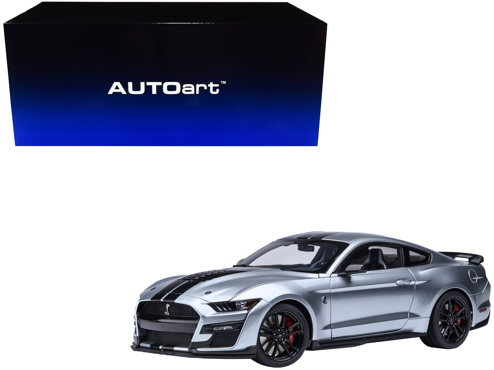 Ford Mustang Shelby GT500 Iconic Stripes 1/18 Model Car by Autoart - Silver Metallic with Black
