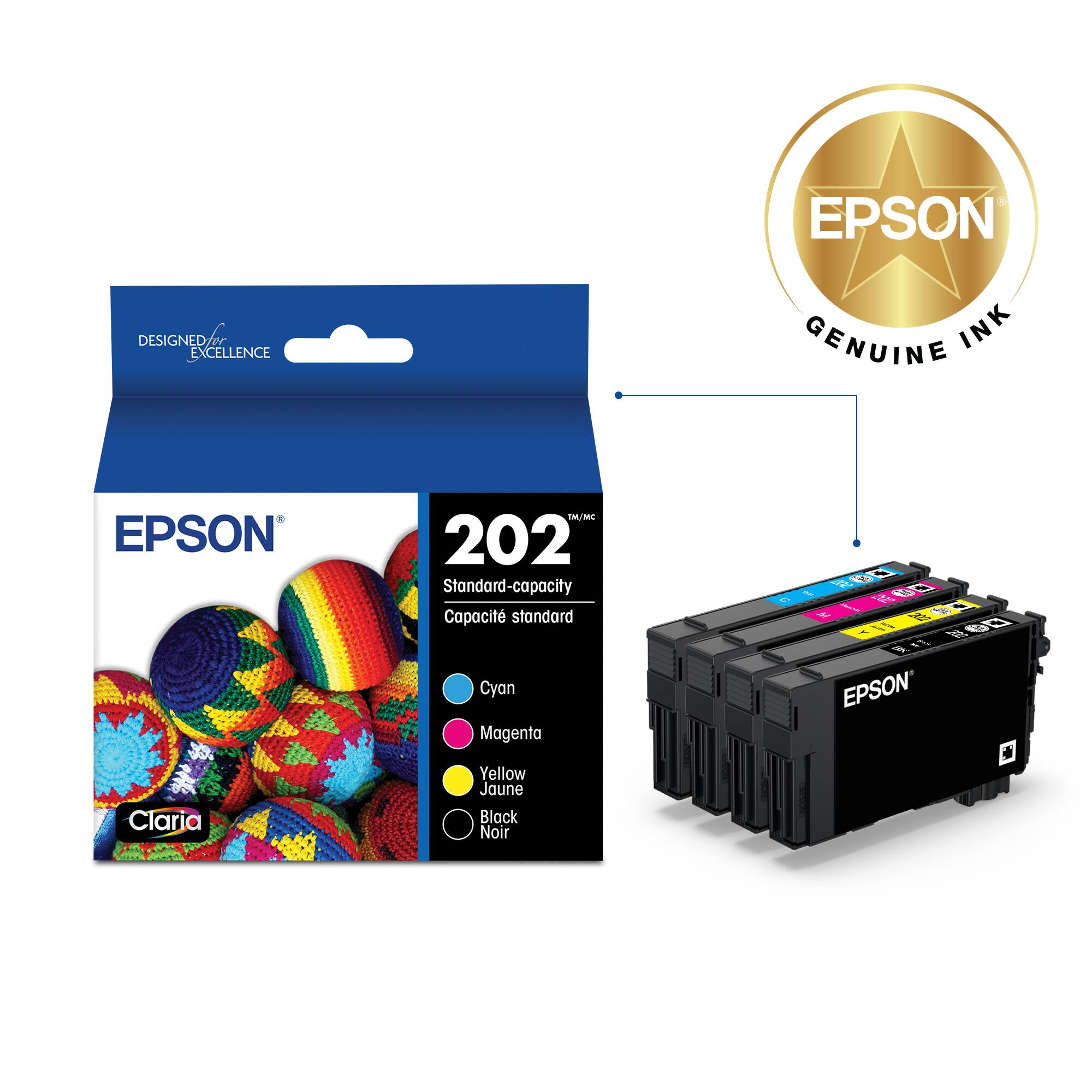 EPSON GENUINE INK Claria iM/M 202 Standard-capacity Cartridges: Cyan, Magenta, Yellow, Black.