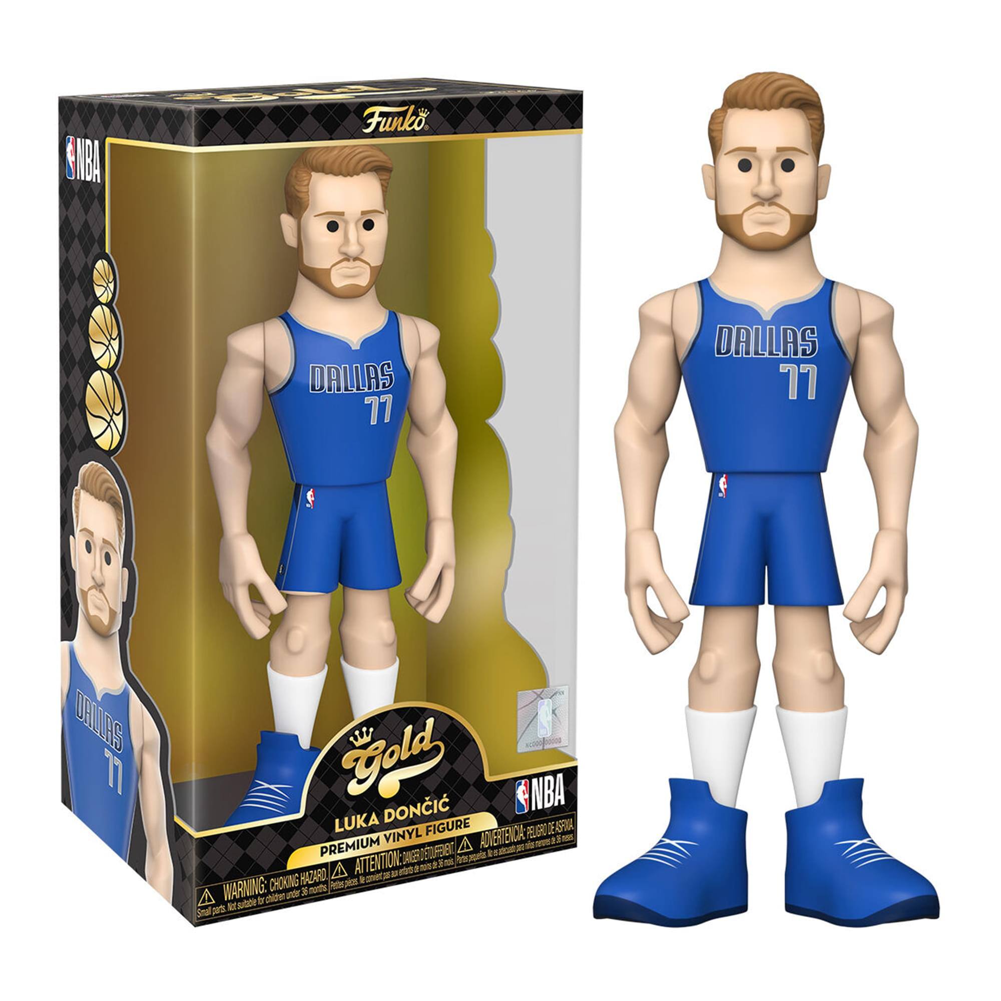Sure, here is the corrected and grouped text from the image:

---

**Front of the Box:**
- NBA
- Funko
- DALLAS 77
- Gold
- LUKA DONCIC
- PREMIUM VINYL FIGURE
- WARNING: CHOKING HAZARD - Small parts. Not for children under 3 years.

**Side of the Box:**
- NBA
- DALLAS 77

**Bottom of the Box:**
- ATTENTION: RISQUE DE SOUFFOCATION - Petite pièce. Ne convient pas aux enfants de moins de 3 ans.
- WARNING: CHOKING HAZARD - Small parts. Not for children under 3 years.

**NBA Logo:**
- NBA
- TENENIA - REGALO DE ESPAÑA
- NBA.COM/ESPAÑA

**Additional Text:**
- PREMIUM VINYL FIGURE

---
