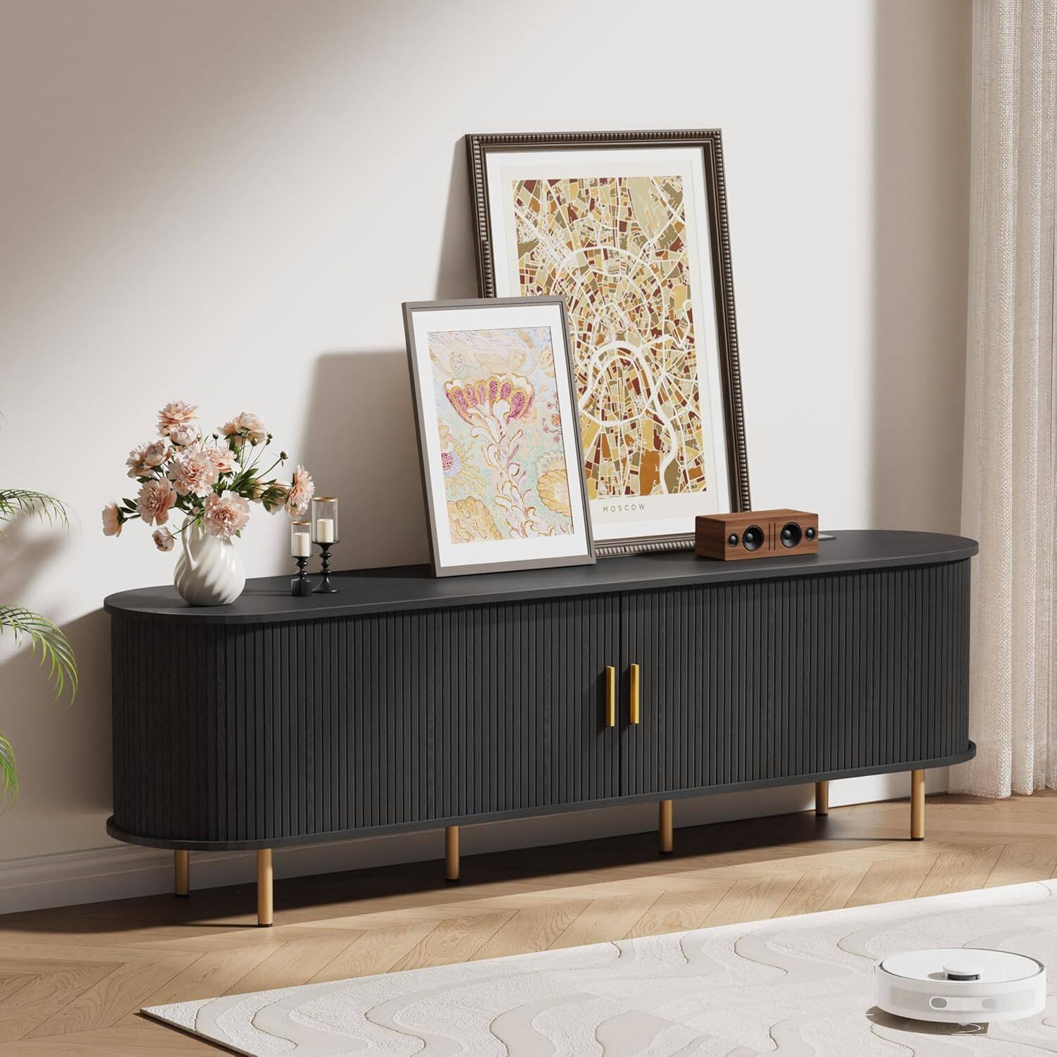 Back. Tiramisubest - 71"TV Stand with Power Outlet for TVs up to 75 Inch,Entertainment Center with Storage,Adjustable Shelves & Sliding Doors - Black.