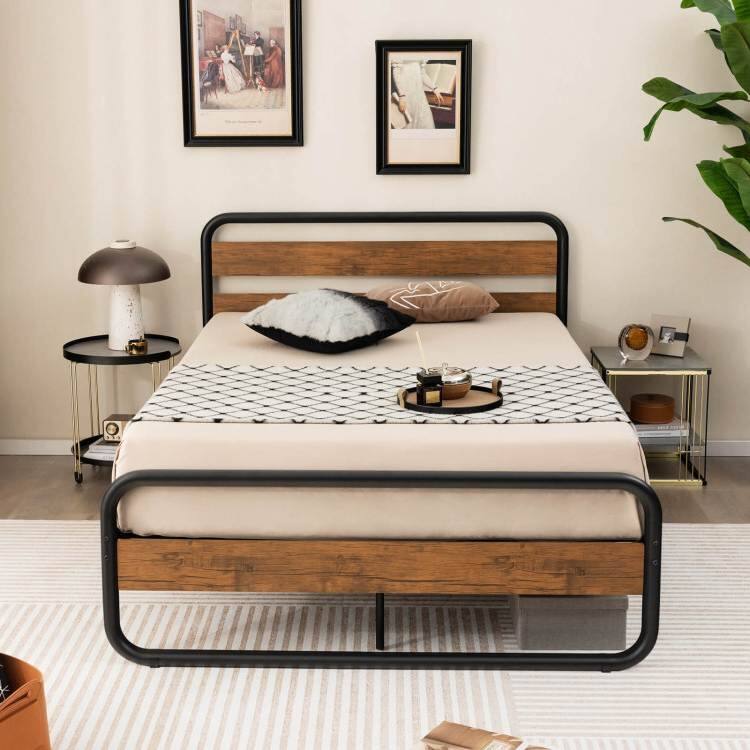 Angle. Hivvago - Hivvago Queen Industrial Wood and Metal Tube Platform Bed with Headboard and Footboard - Brown.