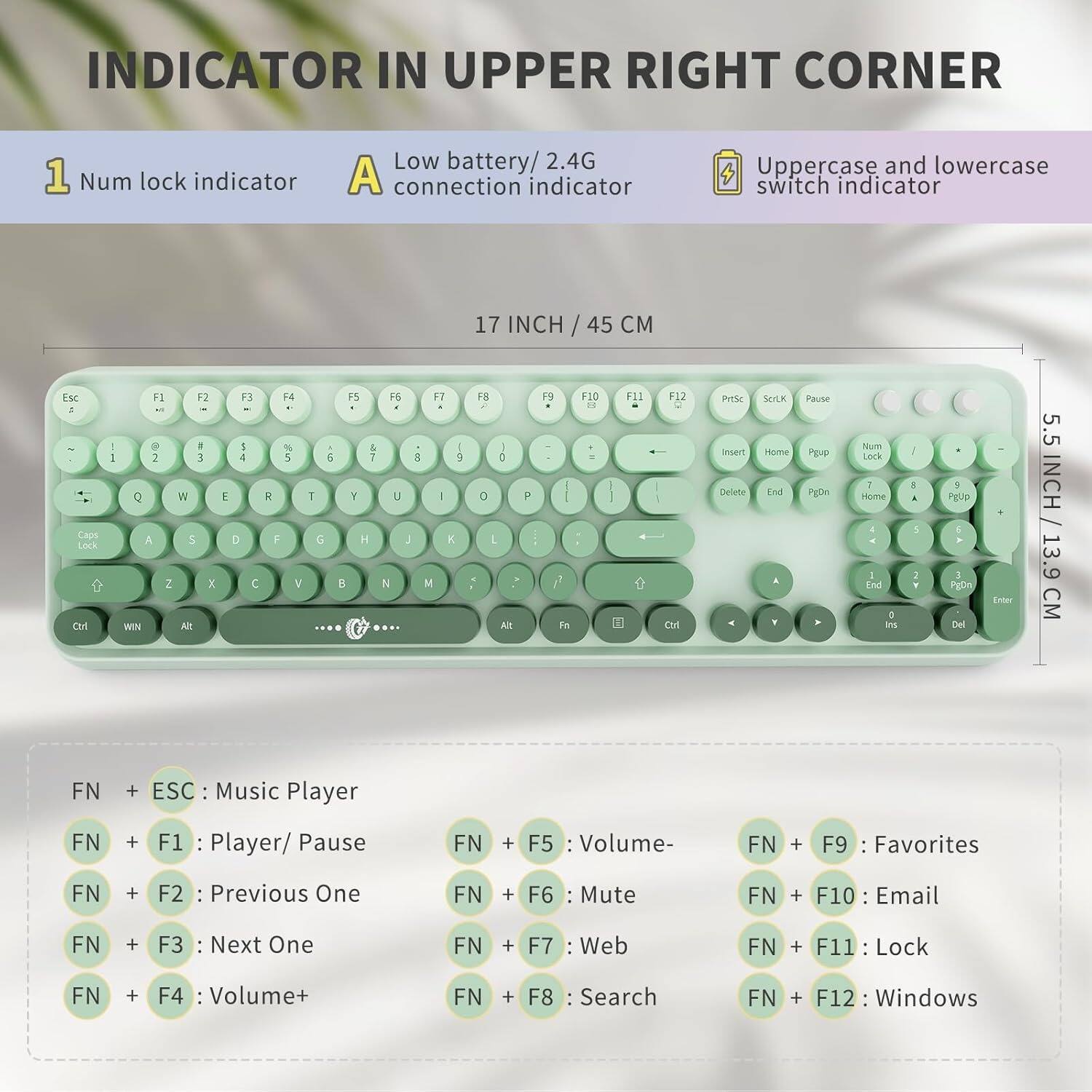 **INDICATOR IN UPPER RIGHT CORNER**

1. Num lock indicator  
2. Low battery/2.4G connection indicator  
3. Uppercase and lowercase switch indicator  

**17 INCH / 45 CM**

**5.5 INCH / 13.9 CM**

**KEYBOARD FUNCTIONS:**

- FN + ESC: Music Player  
- FN + F1: Player/ Pause  
- FN + F2: Previous One  
- FN + F3: Next One  
- FN + F4: Volume+  
- FN + F5: Volume-  
- FN + F6: Mute  
- FN + F7: Web  
- FN + F8: Search  
- FN + F9: Favorites  
- FN + F10: Email  
- FN + F11: Lock  
- FN + F12: Windows